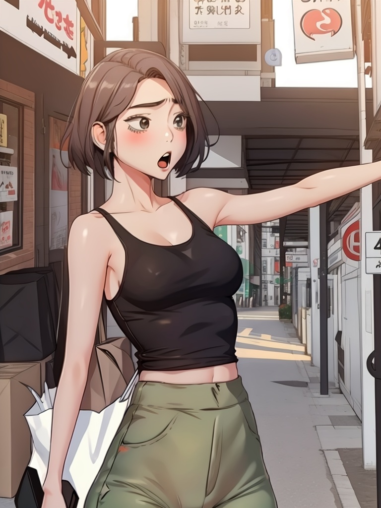 1girl,Mimicking shooting an arrow,Paperbag waist pants, **** top, and mules.,