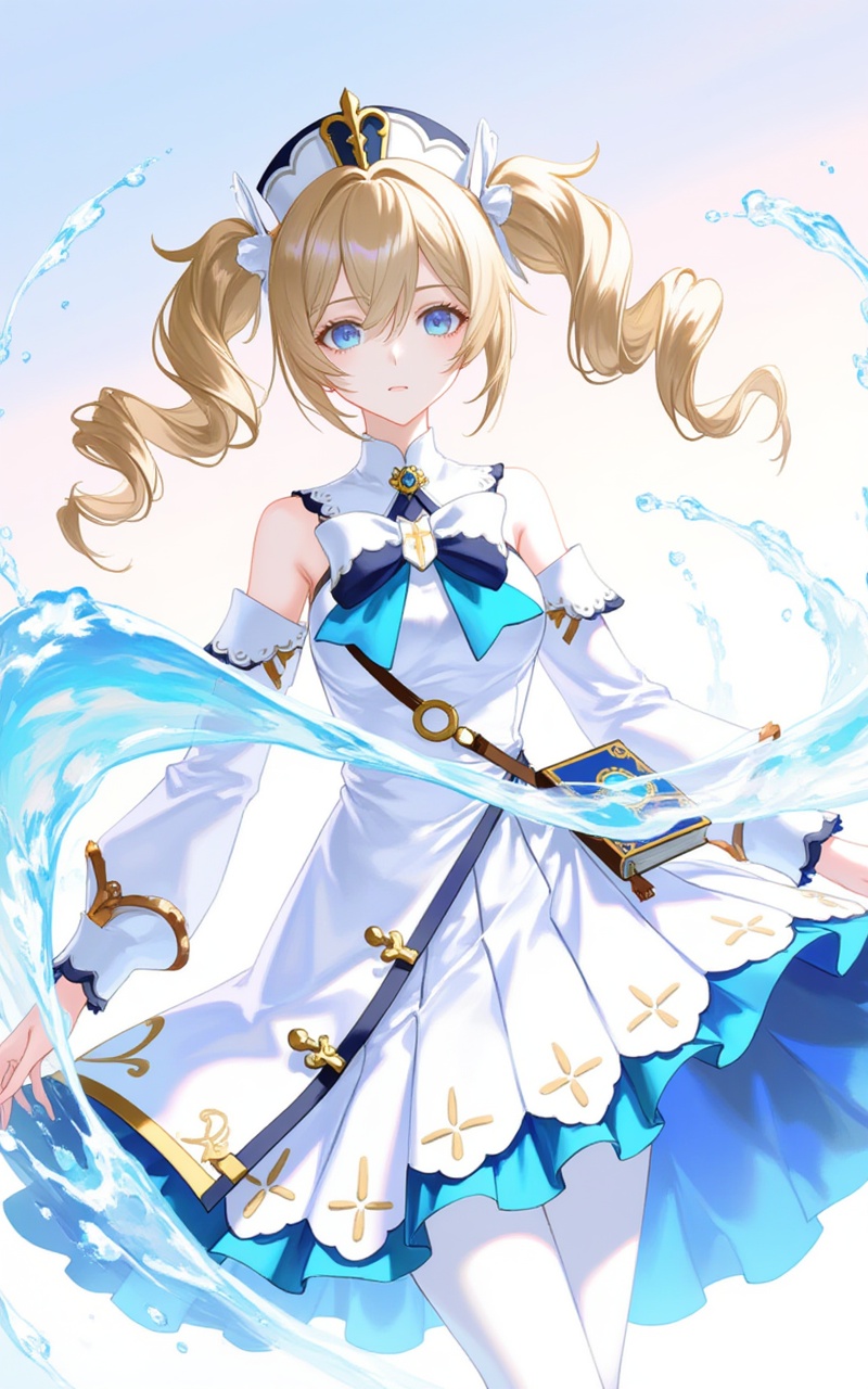 <lora:2D芭芭拉8:1>,babala,1girl,barbara \(genshin impact\),solo,dress,twintails,blonde hair,blue eyes,white dress,pantyhose,looking at viewer,white pantyhose,water,detached sleeves,bare shoulders,long sleeves,bow,white headwear,hat,long hair,parted lips,drill hair,twin drills,frills,frilled dress,bowtie,cross,breasts,hair between eyes,vision \(genshin impact\),white sleeves,sky,book,latin cross,detached collar,hair ornament,6,cover,simple background,gradient_background,Close-up details,outstanding style,adding a touch of dimension to your images without compromising details,<lora:滤镜_动漫版9:0.4>,lvjing,