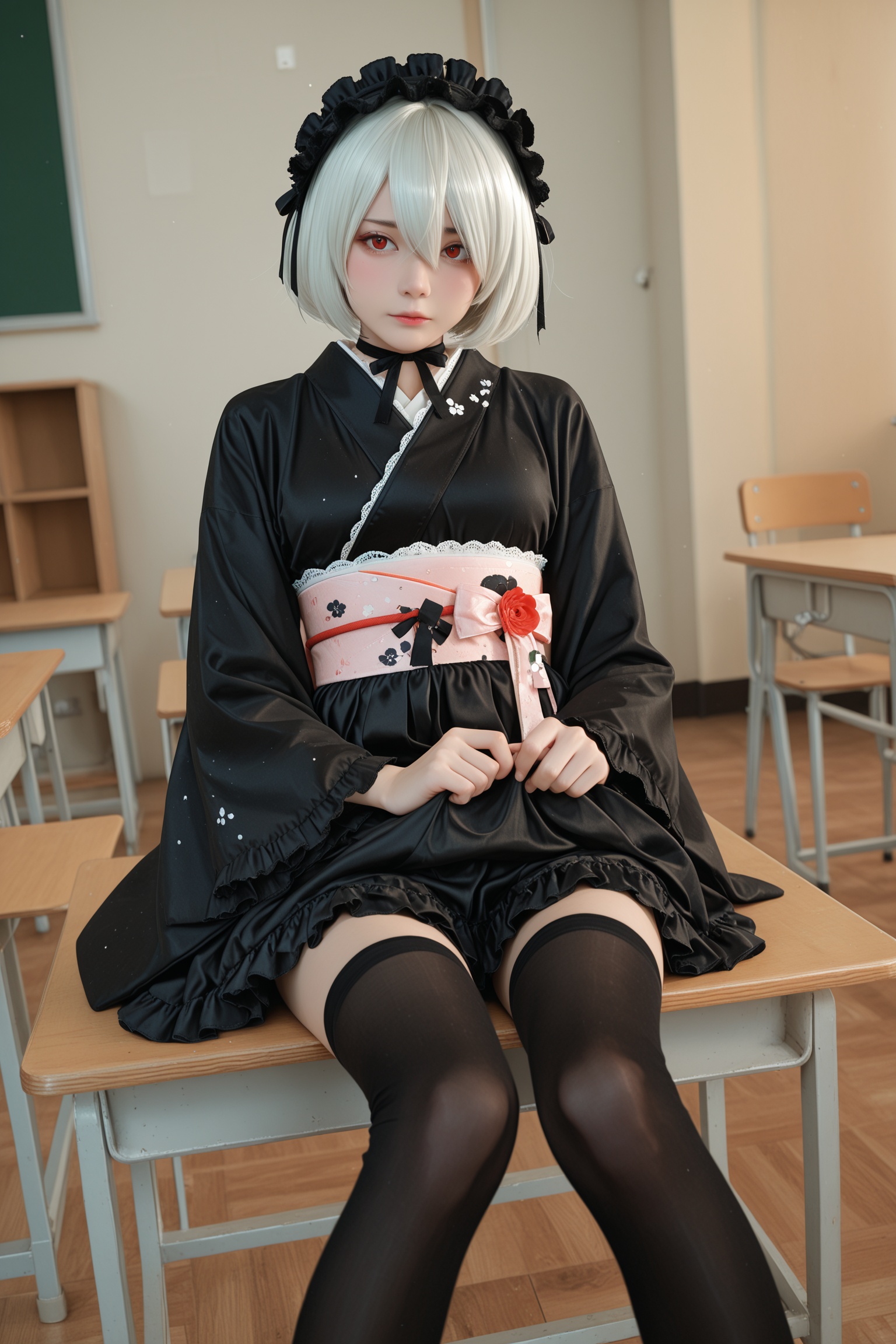 1girl,2b,classroom,sitting,black thighhighs,wa_lolita,