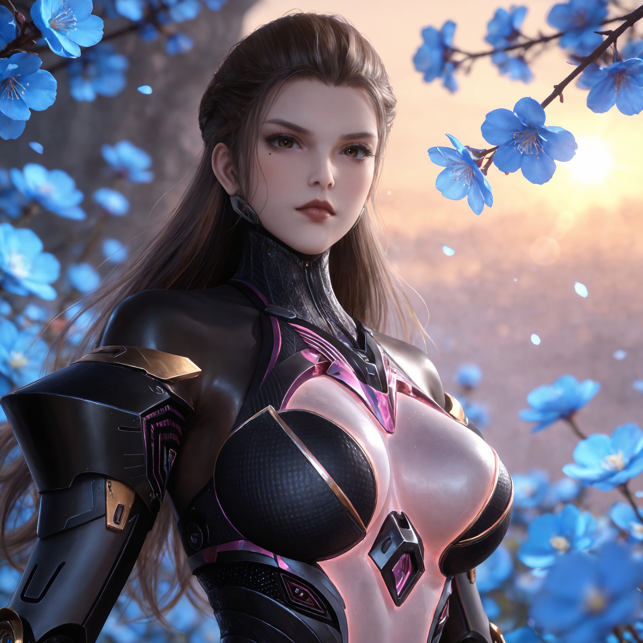 <lora:吞噬星空-妖娆IL:0.7> 1girl,brown hair,long hair,brown eyes,lips,armor,mole under eye,large breasts,science fiction,robot, mecha,high heels,, realistic style photo,outstanding style,Use soft lighting to cast gentle shadows on the subject,adding a touch of dimension to your images without compromising details,whirls of vapor,(Anime:1.1),soft neon light,ethereal ambiance,delicate details,magical atmosphere,concept art,highly detailed,ultra-high resolution,32K UHD,sharp focus,best-quality,masterpiece,golden hour,unconventional supreme masterpiece,masterful details,temperate atmosphere,with a high-end texture,in the style of fashion photography,magazine style,Dynamic Angle,Dynamic posture,magazine style,Dynamic Angle,Dynamic posture,(cowboy_shot:1.2),eye trail,depth of field,cinematic lighting,lens flare,close-up,extreme aesthetic,(wlop:0.6),(honjou raita,lack,rella,wanke:0.5),masterpiece,best quality,good quality,newest,year 2025,very aesthetic,absurdres,Visual impact,A shot with tension,ultra-high resolution,32K UHD,sharp focus,best-quality,masterpiece,Emotionalization,unconventional supreme masterpiece,masterful details,temperate atmosphere,with a high-end texture,in the style of fashion photography,(Visual impact:1.2),giving the poster a dynamic and visually striking appearance,, solo,  upper body, blue flower, looking at viewer, snowflakes, closed mouth, branch,