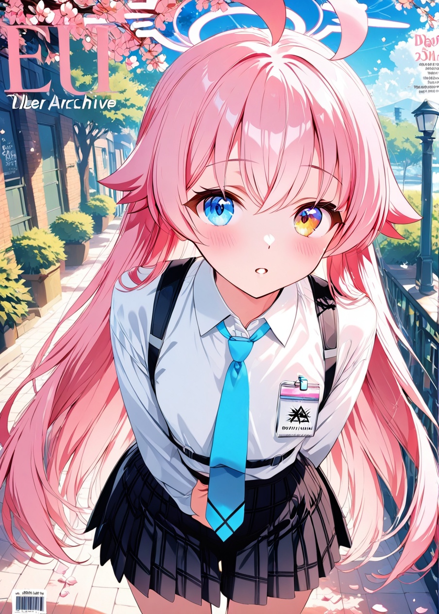 hoshino (blue archive),O,1girl, solo, hoshino (blue archive), necktie, cherry blossoms, skirt, long hair, shirt, pink hair, heterochromia, blue eyes, halo, ahoge, outdoors, blue necktie, white shirt, collared shirt, petals, looking at viewer, pleated skirt, long sleeves, bangs, yellow eyes, plaid, arms behind back, plaid skirt, tree, day, parted lips, hair between eyes, very long hair, blush, black skirt, railing, dutch angle, standing, pink flower, orange eyes, leaning forward,(aesthetics ),masterpiece,best quality,ultra high definition,32K resolution,clear focus,delicate details,high-end texture,fashion photography,film perspective,rich colors,color palette,advertising style,tension composition,masterpiece,mild atmosphere,latest,dynamic Dutch perspective,transparent composition,magazine cover,cover,