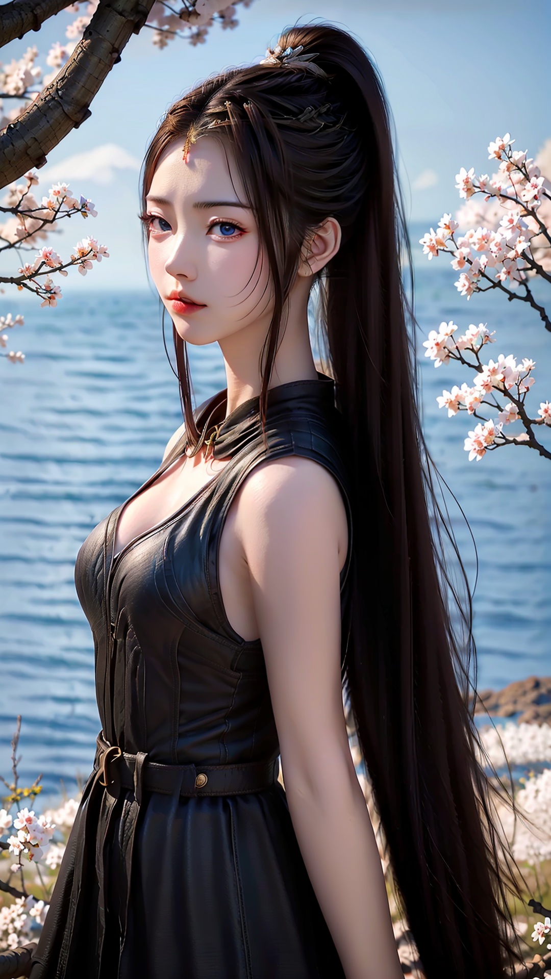1girl, solo, long hair, hair ornament, sky, outdoors, blue sky, upper body, brown hair, day, water, blue eyes, dress, black hair, chinese clothes, ocean, ponytail, expressionless, looking to the side,<lora:粉色妆容强度调节滤镜:0.5>,huge filesize,reservoir,<lora:girl solo yuanyao_20240908025103:0.8>,