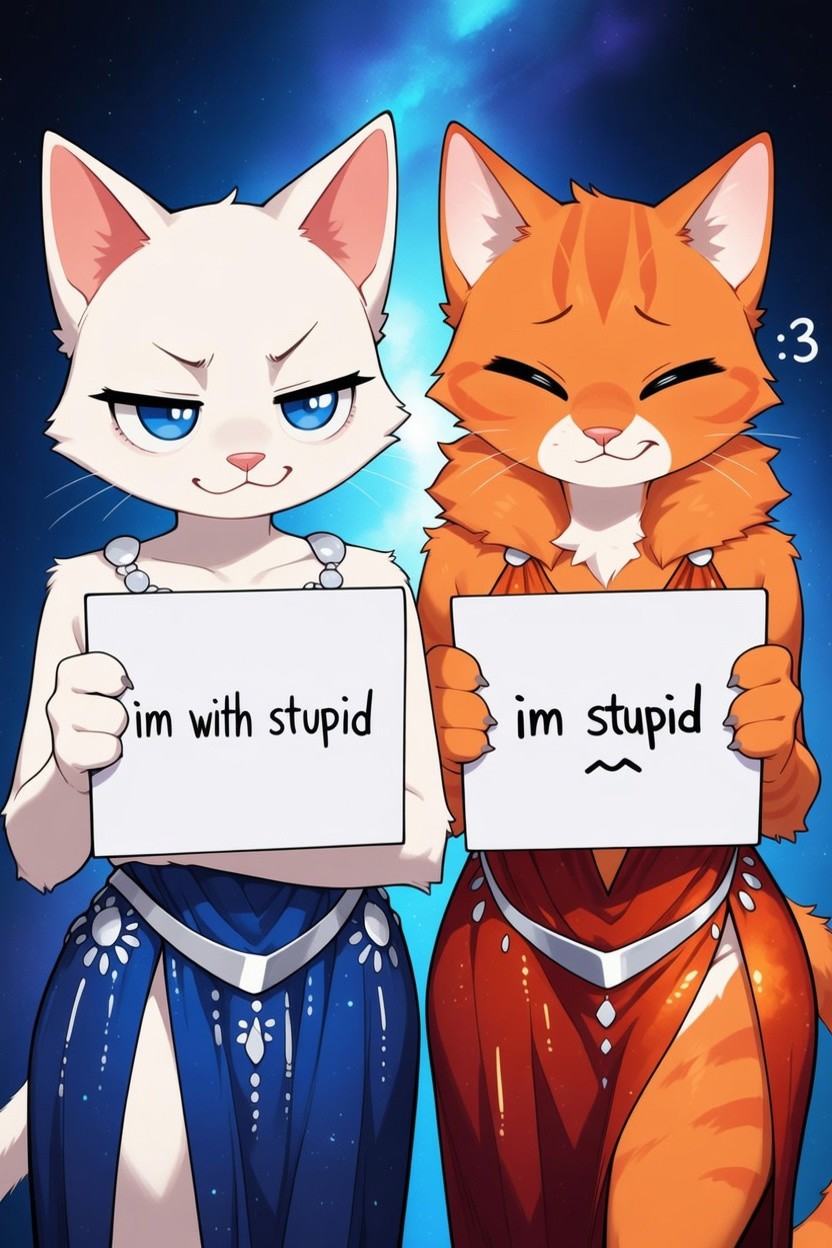 remove that squiggly on top of the white cat ,  make the orange cat expression :3 ,  and cahnge her dress into a dark oran...
