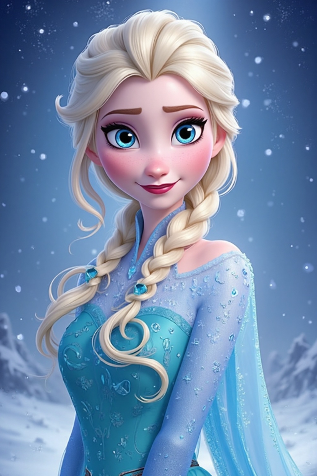 elsa (frozen),1girl,braid,blue eyes,solo,long hair,single braid,dress,blonde hair,snowflakes,looking at viewer,makeup,blue dress,red lips,smile,magic,watermark,ice,lipstick,