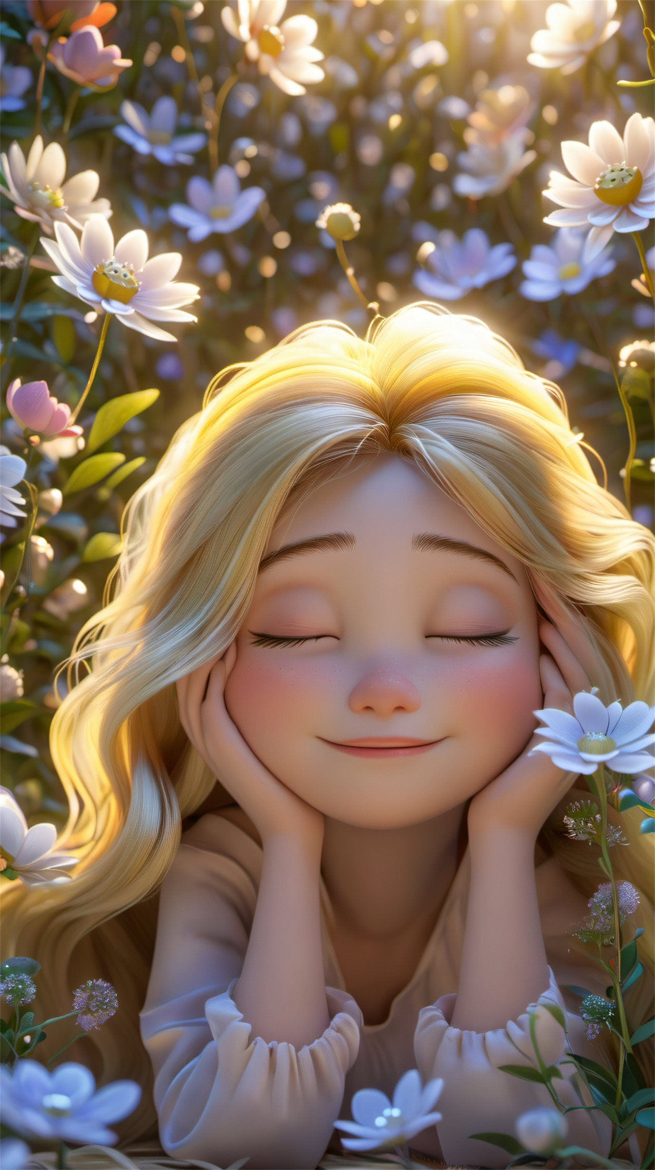 Dream style,closed eyes,blonde hair,long hair,A blonde-haired animated girl with closed eyes and a gentle smile is resting her head on her hands,surrounded by soft light and delicate flowers.,highly detailed,ultra-high resolutions,32K UHD,best quality,masterpiece,<lora:Dream style:0.9>,