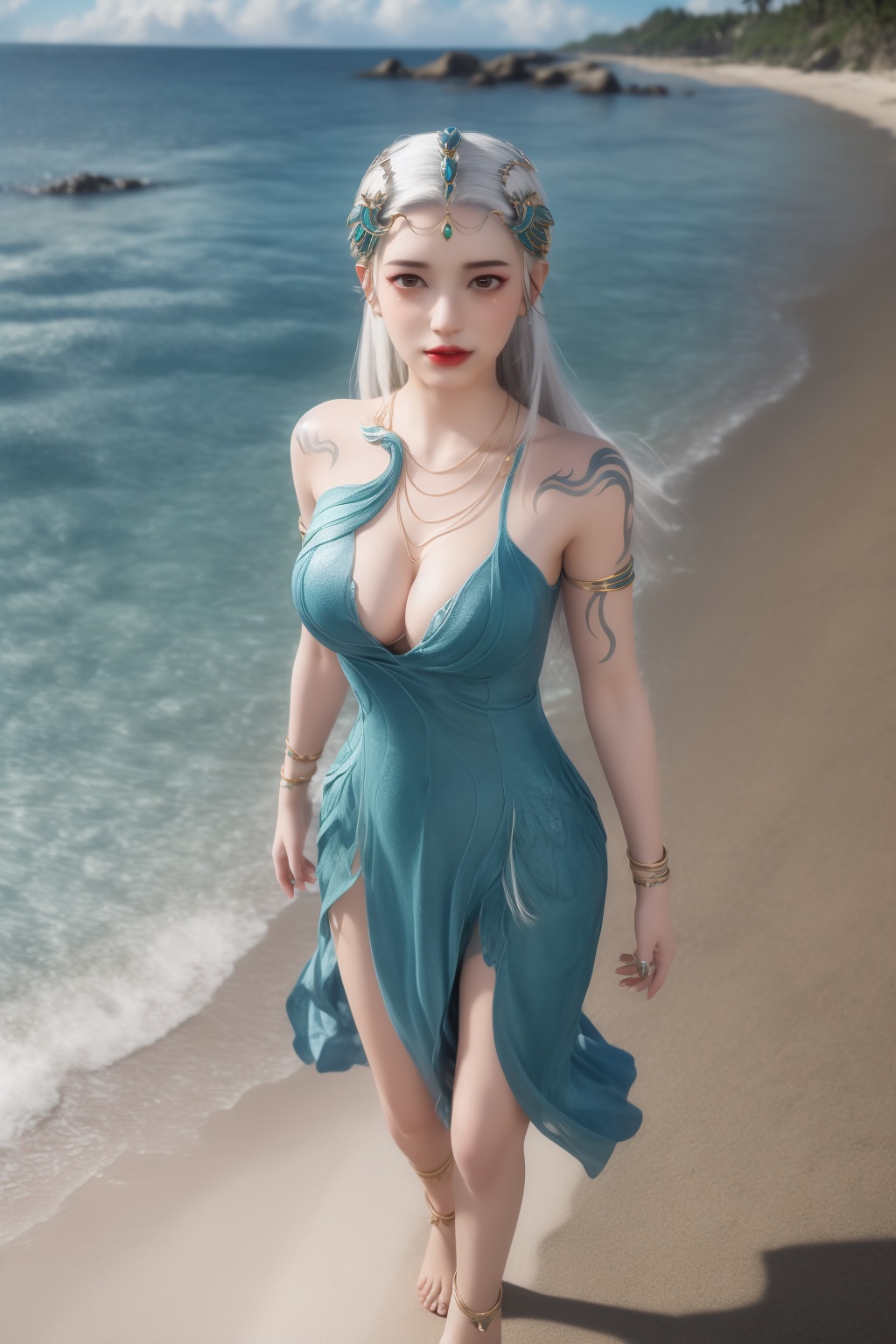 photo_\(medium\),(8k, RAW photo, best_quality),(masterpiece:1.2),(realistic:1.2),(photorealistic:1.3),(ultra-detailed),(extremely_detailed_cg_8k_wallpaper),(crystal_texture_skin:1.3),(shiny:1.2),(shiny_skin:1.4),(extremely_delicate_and_beautiful),shenfengQinYao,1girl,solo,blue dress,torogao,bouncing breasts,cleavage,armlet,tattoo,bracelet,standing,white hair,barefoot,anklet,jewelry,hair ornament,earrings,red lips,realistic,looking at viewer,summer,beach,sea,sunshine,<lora:shenfengQinYao_20240524201339-000004:0.7>,