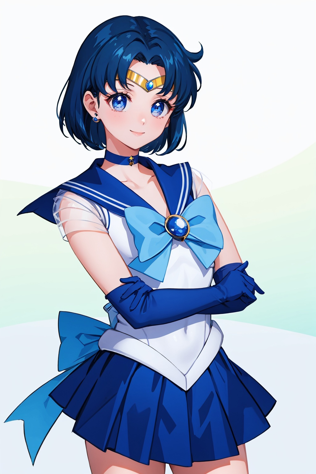 masterpiece,best quality, highly detailed, sailor mercury,1girl,solo,sailor senshi uniform,white gloves,blue skirt,blue sailor collar,elbow gloves,blue choker,smile,earrings,magical girl,pleated skirt,looking at viewer,tiara<lora:sailor_mercury:1>,simple background,white background