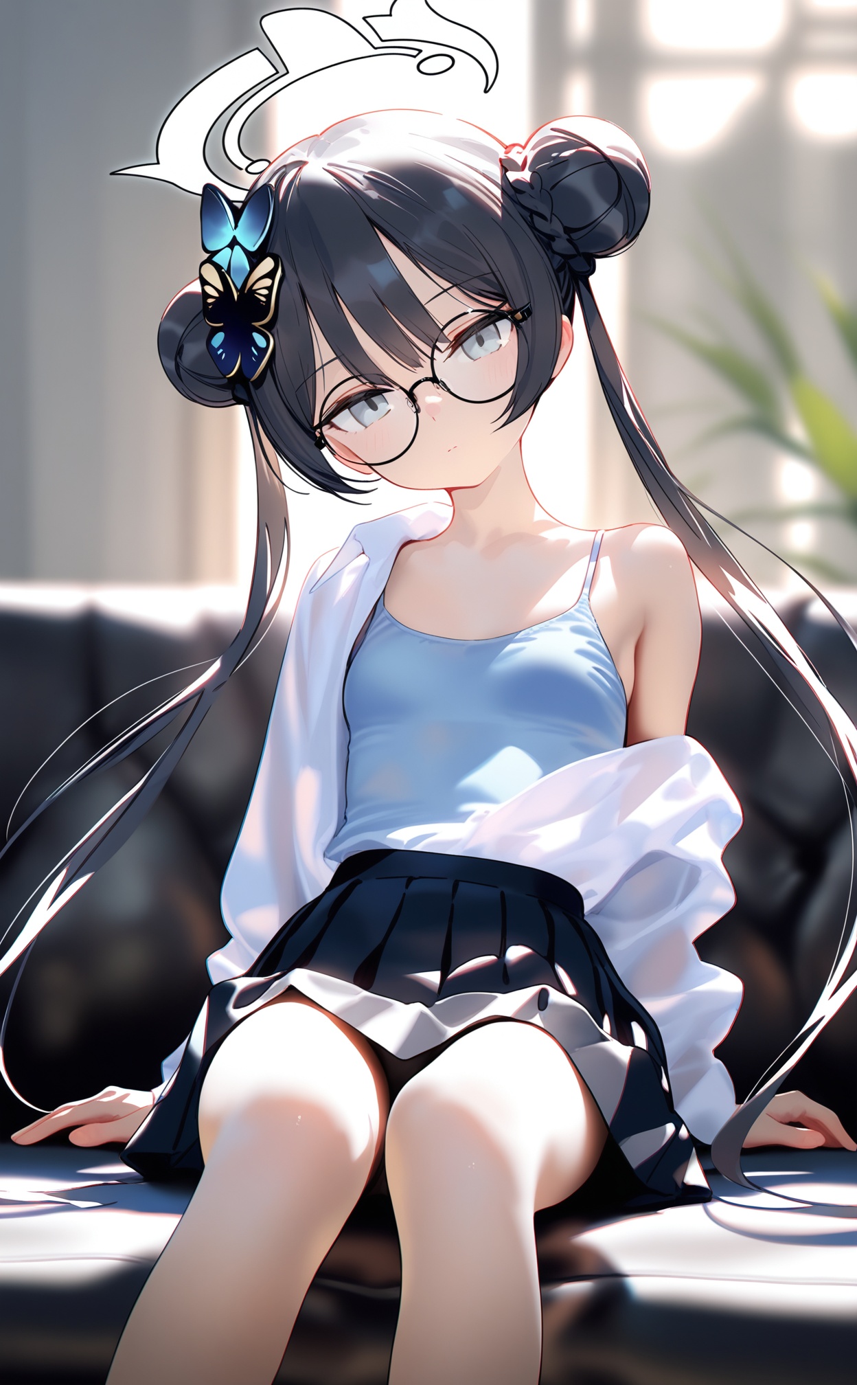 masterpiece,best quality,high quality,loli,chromatic_aberration,//,1girl, double bun, solo, hair bun, butterfly hair ornament, kisaki (blue archive), halo, skirt, black hair, glasses, shirt, twintails, long hair, black skirt, hair ornament, white shirt, looking at viewer, grey eyes, sitting, round eyewear, single bare shoulder, alternate costume, pleated skirt, closed mouth, long sleeves, bespectacled, couch, shirt tucked in, braid, off shoulder, feet out of frame, black-framed eyewear, grey halo, small breasts, on couch, blue camisole, collared shirt, breasts, camisole, very long hair, bra, blue bra, collarbone, open shirt, head tilt, open clothes, expressionless, underwear//,//,official art,depth of field,detailed light,blurry background,cinematic lighting,ray tracing,ultra detailed,god rays,backlighting,photo background,film grain,chromatic aberration,volumetric lighting,depth of field,blurry background,shiny skin,floating hair,cinematic lighting,day,very aesthetic,<lora:MAQ326——【noob】hans:0.8>,
