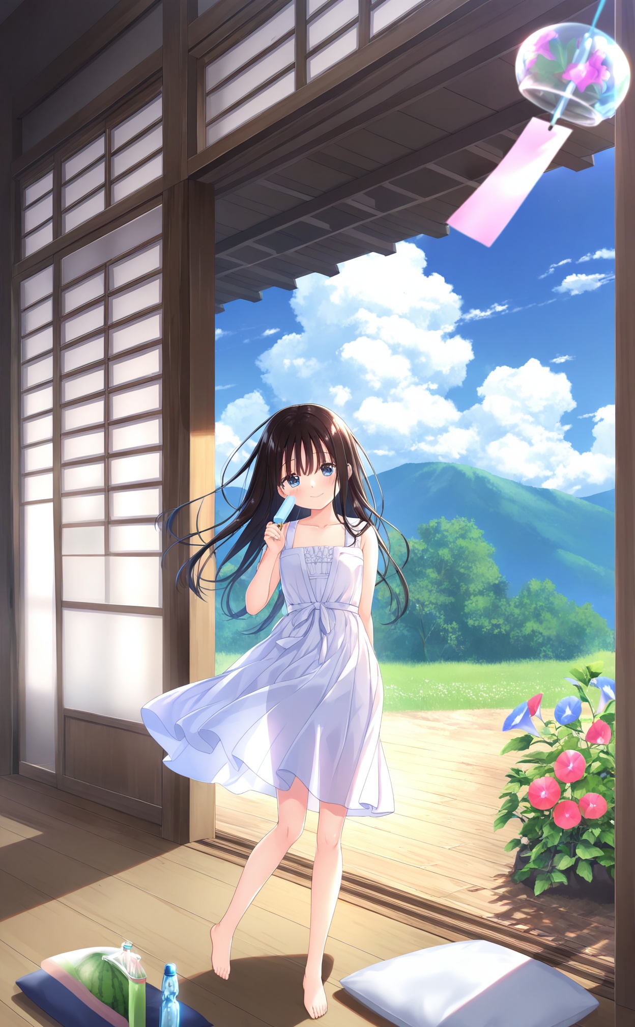 masterpiece,very aware,highres,absurdres,newest,best quality,high quality,loli,petite,chromatic_aberration,//,wind_chime,1girl,dress,watermelon,long_hair,white_dress,day,ramune,sundress,fruit,cloud,barefoot,solo,sleeveless_dress,watermelon_slice,food,sky,morning_glory,summer,tatami,blue_eyes,see-through_silhouette,flower,sleeveless,blue_sky,grass,sliding_doors,bare_arms,standing,looking_at_viewer,outdoors,bare_shoulders,pillow,bottle,blue_flower,zabuton,smile,tree,veranda,collarbone,brown_hair,scenery,indoors,closed_mouth,see-through,water_bottle,cumulonimbus_cloud,cloudy_sky,blush,black_hair,porch,cushion,open_door,mountain,head_tilt,plant,wooden_floor,wind,water,hand_up,full_body,arm_behind_back,popsicle,red_flower,//,<lora:kz——【noob】hans-000002:0.8>,