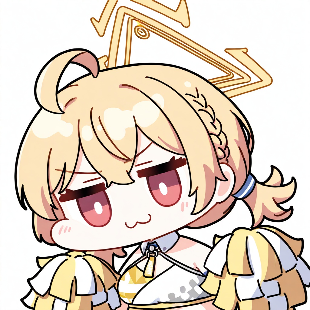 chibi,1girl,solo,upper body,,kotori \(cheer squad\) \(blue archive\),blue archive,blonde hair,,halo,twintails,ahoge,short twintails,red eyes,braid,,yellow halo,hair between eyes,short hair,:3, ,white background,simple background,<lora:nineface-chibi-noob1-5:0.8>,
