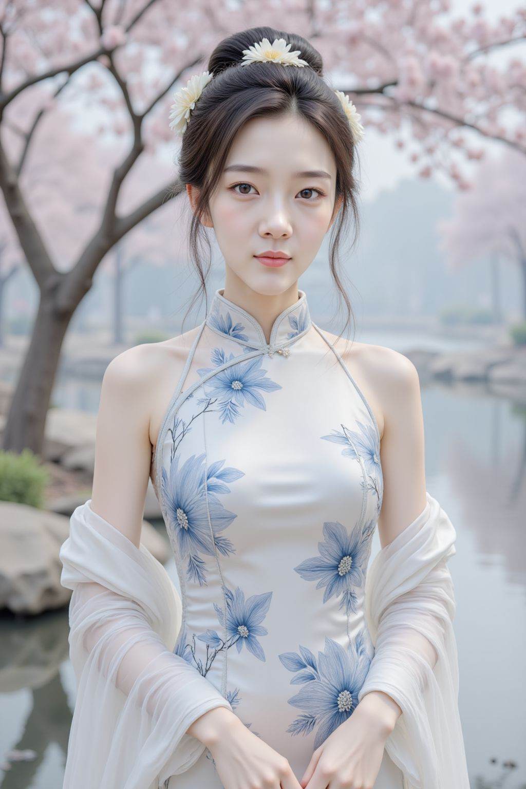 This is a photograph of a young Asian woman in a traditional Chinese cheongsam dress, looking at viewer. The dress is white with blue floral patterns, and she has a sheer white shawl draped over her shoulders. She has fair skin, a slender build, and her hair is styled in an updo adorned with white flowers. The background features a serene, misty landscape with a tree covered in pink blossoms, a calm body of water, and rocks. The overall ambiance is tranquil and elegant, highlighting traditional Chinese aesthetics.