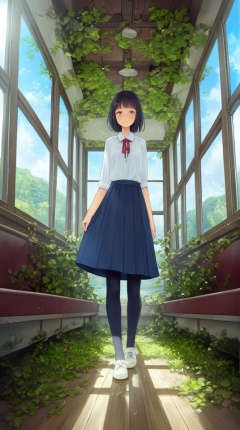 (best quality), ((masterpiece)), (highres), illustration, original, extremely detailed,  <lora:疗愈天空:0.7>1girl, solo, skirt, black hair, shirt, blue skirt, overgrown, pantyhose, white shirt, window, standing, shoes, day, black pantyhose, neck ribbon, plant, sunlight, indoors, grass, scenery, pleated skirt, looking at viewer, collared shirt, arms at sides, tree, broken window, long skirt, bangs, white footwear, vines, ribbon, closed mouth, sky, red ribbon, wide shot