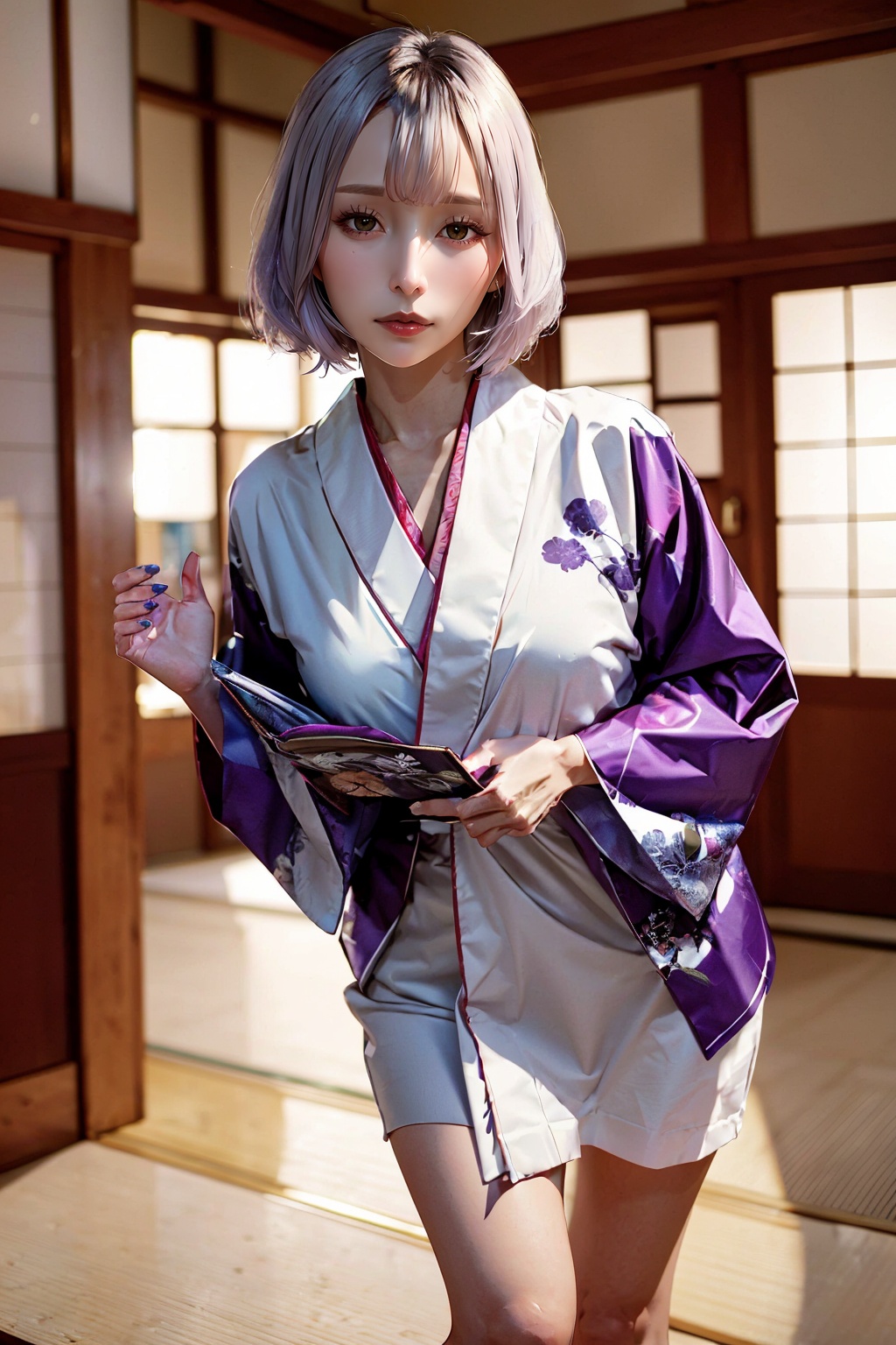 ((masterpiece, highest quality, Highest image quality, High resolution, photorealistic)),(Good structure),ito,1girl,solo,realistic,japanese clothes,kimono,purple kimono,silver hair,looking at viewer,indoors,holding towel,front view,ryokan on background,feet out of frame,front view,Depth of field,<lora:MI03:1>,