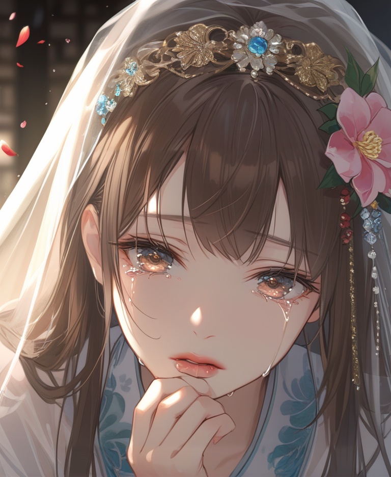 (best quality), ((masterpiece)), (highres), illustration, original, extremely detailed, <lora:Old wind:0.7>licg,1girl, solo, tears, hair ornament, brown hair, chinese clothes, crying, long hair, flower, veil, crying with eyes open, petals, looking at viewer, hair flower, lips