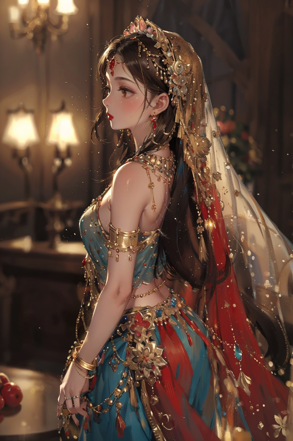 masterpiece,best quality,<lora:PDLX_西域公主:1>,1girl,jewelry,blurry,bracelet,indoors,solo,ring,dress,head chain,gem,blurry background,armlet,black hair,long hair,veil,basket,shawl,necklace,brown hair,profile,gold,red lips,dancing,from side,standing,earrings,depth of field,fruit,bare shoulders,