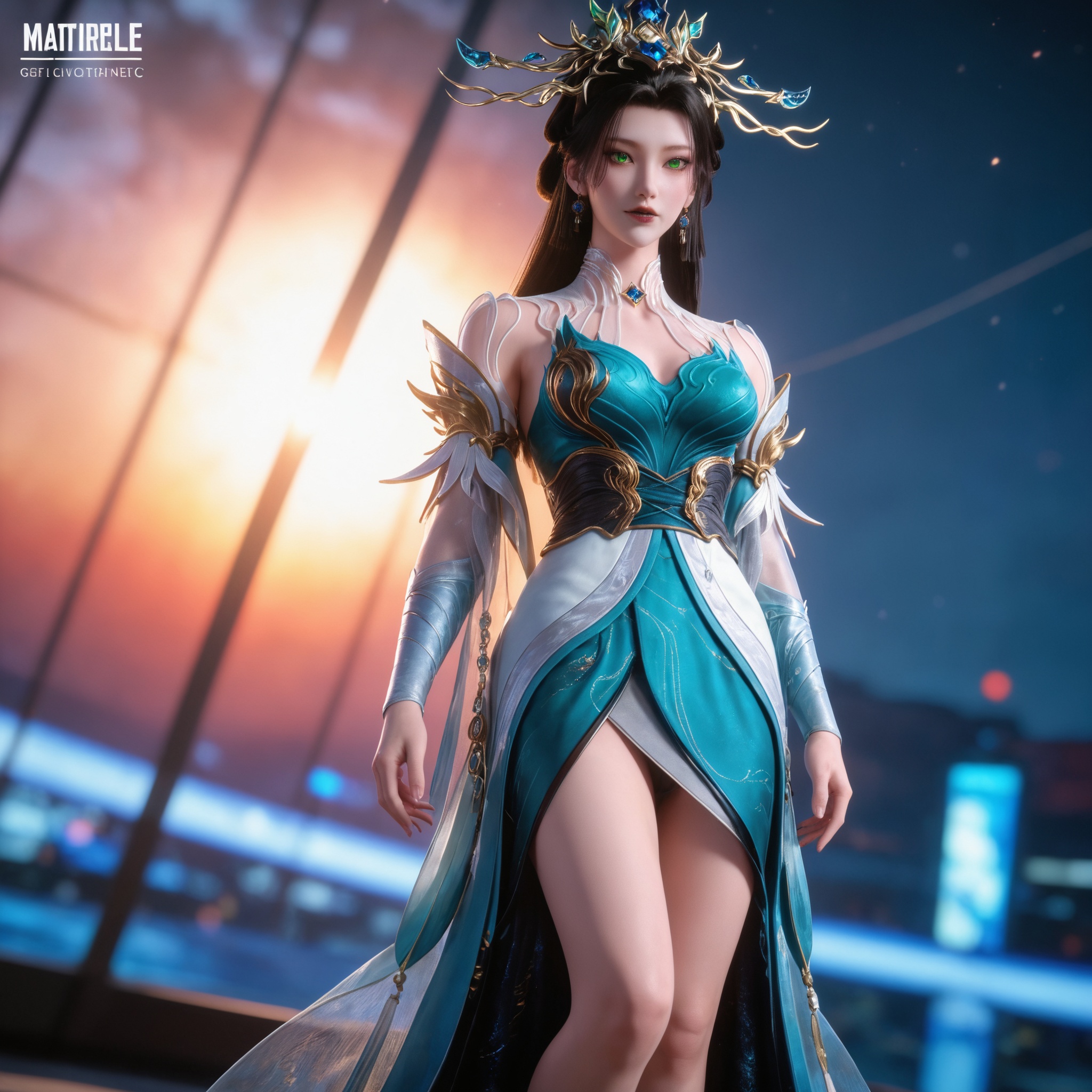 <lora:百炼成神3-青萝Pony:0.7> 1girl, long hair, black hair, green eyes, earrings, hair ornament, jewelry, chinese clothes, bare legs, detached sleeves, high heels, blue dress, realistic style photo,outstanding style,adding a touch of dimension to your images without compromising details,whirls of vapor,ethereal ambiance,delicate details,magical atmosphere,concept art,highly detailed,ultra-high resolution,32K UHD,sharp focus,best-quality,masterpiece,golden hour,unconventional supreme masterpiece,masterful details,temperate atmosphere,with a high-end texture,in the style of fashion photography,magazine style,Dynamic Angle,Dynamic posture,(cowboy_shot:1.2),depth of field,lens flare,extreme aesthetic,masterpiece,best quality,good quality,newest,year 2025,very aesthetic,absurdres,Visual impact,A shot with tension,ultra-high resolution,32K UHD,sharp focus,best-quality,masterpiece,Emotionalization,unconventional supreme masterpiece,masterful details,temperate atmosphere,with a high-end texture,in the style of fashion photography,(Visual impact:1.2),giving the poster a dynamic and visually striking appearance,, The text " TenKAI" is prominently displayed in large,bold letters at the top of the image,close-up,glowing blue light effects,serene expression,finger to lips,futuristic sci-fi,soft lighting,ethereal atmosphere,smooth textures,dreamy aesthetic,background gradient from dark blue to light blue,Dreamtech watermark,futuristic character design,Lux.dev,serene and mysterious mood,