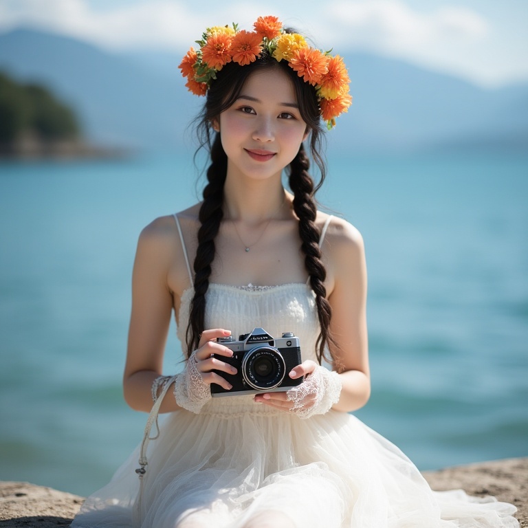 A young Asian woman with fair skin and loose braids of dark wavy hair. She was wearing a white sleeveless dress made of textured chiffon or sheer stiff yarn, giving a delicate and ethereal feeling. This dress has a high neckline and is decorated with a floral headpiece made of bright orange and yellow flowers, which contrasts sharply with her pale skin and dark hair. She was holding an old-fashioned camera in her hand, with a strap tied around her wrist and a delicate white lace glove on top. Her expression was soft and gentle, with a faint smile on her lips. She sat on a stone frame with a peaceful body of water in the background, possibly a lake or ocean. The water is deep blue, reflecting sunlight, and the distant horizon shows mountains under a clear blue sky. The overall atmosphere of the picture is peaceful and romantic, capturing moments of quiet contemplation by the water's edge. The composition and lighting emphasize the natural beauty of the subject and surrounding environment, creating a harmonious and picturesque scene.,<lora:S-T-唯美古风_S1.5:0.5>
