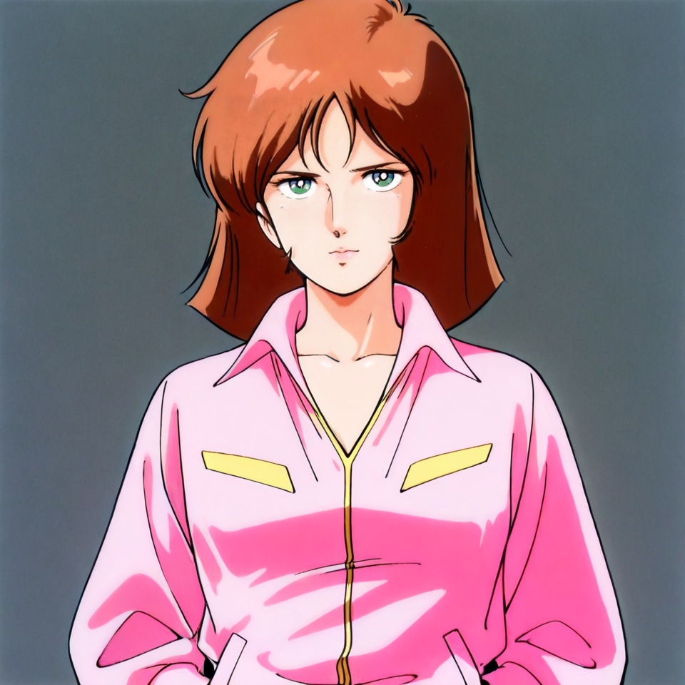 masterpiece, best quality,grey background,looking at viewer,SOLO,simple background,  retro artstyle, anime_style, gundam_0079_style, 1980s \(style\)<lora:uc0079-tv-ill:0.8>