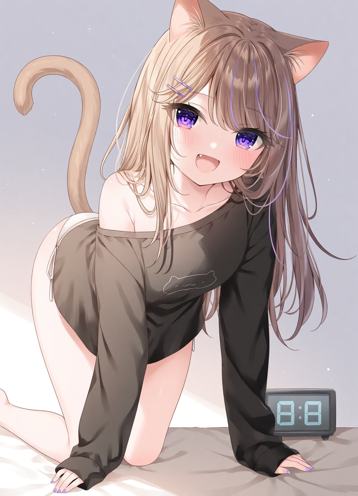 mafuyu \(chibi21\), 1girl, cat tail, animal ears, tail, cat ears, all fours, smile, :d, cat girl, solo, black shirt, streaked hair, sleeves past wrists, looking at viewer, fang, long sleeves, shirt, hair ornament, open mouth, brown hair, long hair, purple hair, multicolored hair, hairclip, panties, nail polish, underwear, clock, digital clock, collarbone, side-tie panties, off shoulder, side-tie peek, animal ear fluff, barefoot, blush, purple eyes, indoors, white panties, purple nails, blue eyes, bare shoulders, bare legs, no pantsmasterpiece,best quality,newest,highres,absurdres,newest,<lora:mafuyu-nbai-vpred:0.8>,