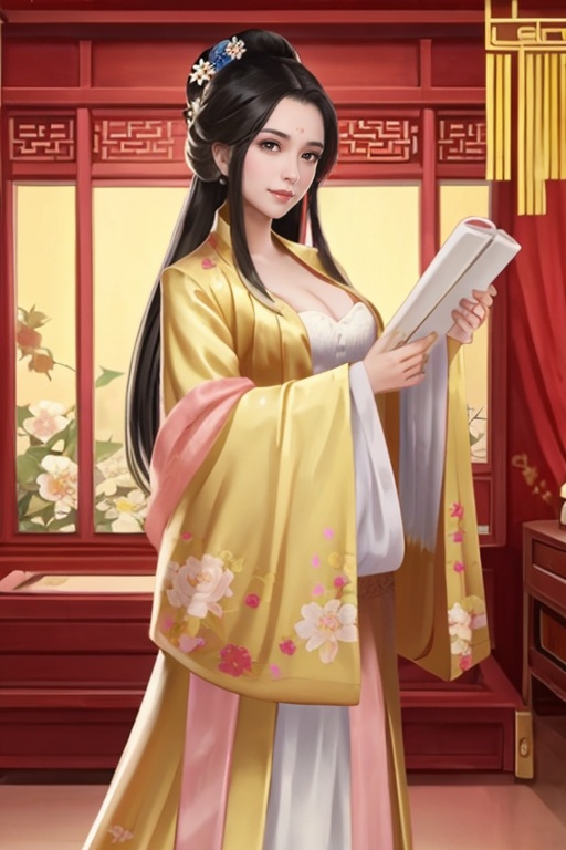1girl,black hair,breasts,brown eyes,chinese clothes,cleavage,floral print,full body,hair ornament,hanfu,long hair,looking at viewer,simple background,smile,solo,standing,white background,wide sleeves,,<lora:40c3a812a3f04a662d4a38da6d088d0a50617692efa9bc1cad0231fda213ea36:0.6>