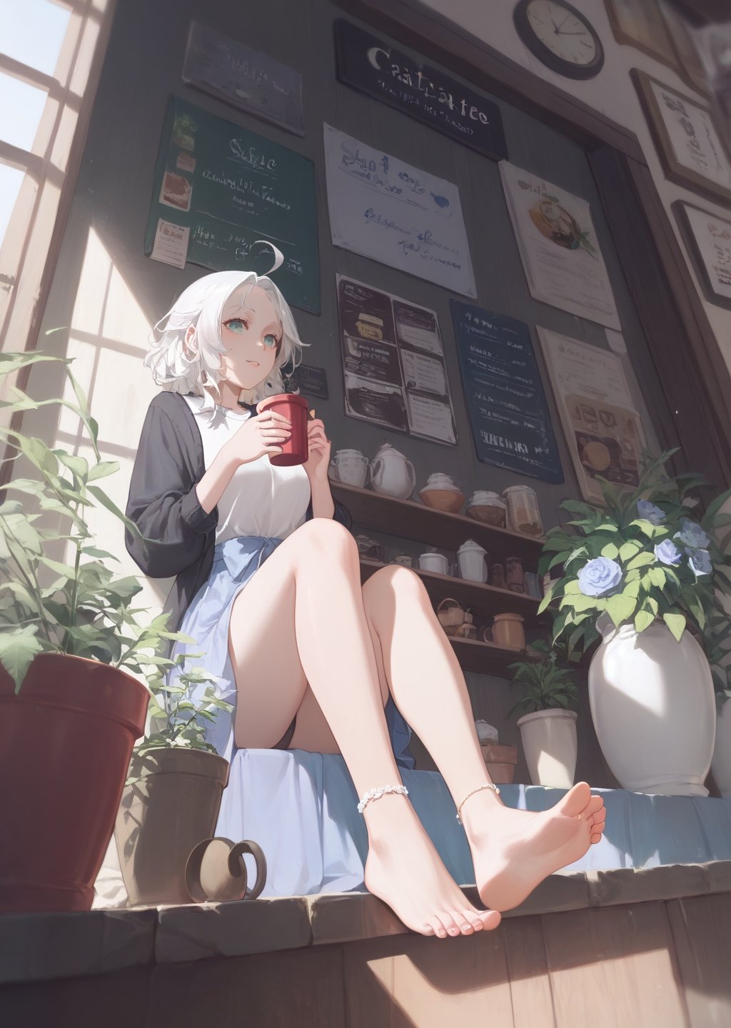 score_9,score_8_up,score_7_up,score_6_up,masterpiece,best quality,ultra-detailed,very aesthetic,absurdres,1girl,pale skin,white hair,parted bangs, messy cafe,holding coffee cup,against window,full body,vase,potted plant,menu,ahoge,flower,foot up,barefoot,soles,foot focus,from below,anklet,