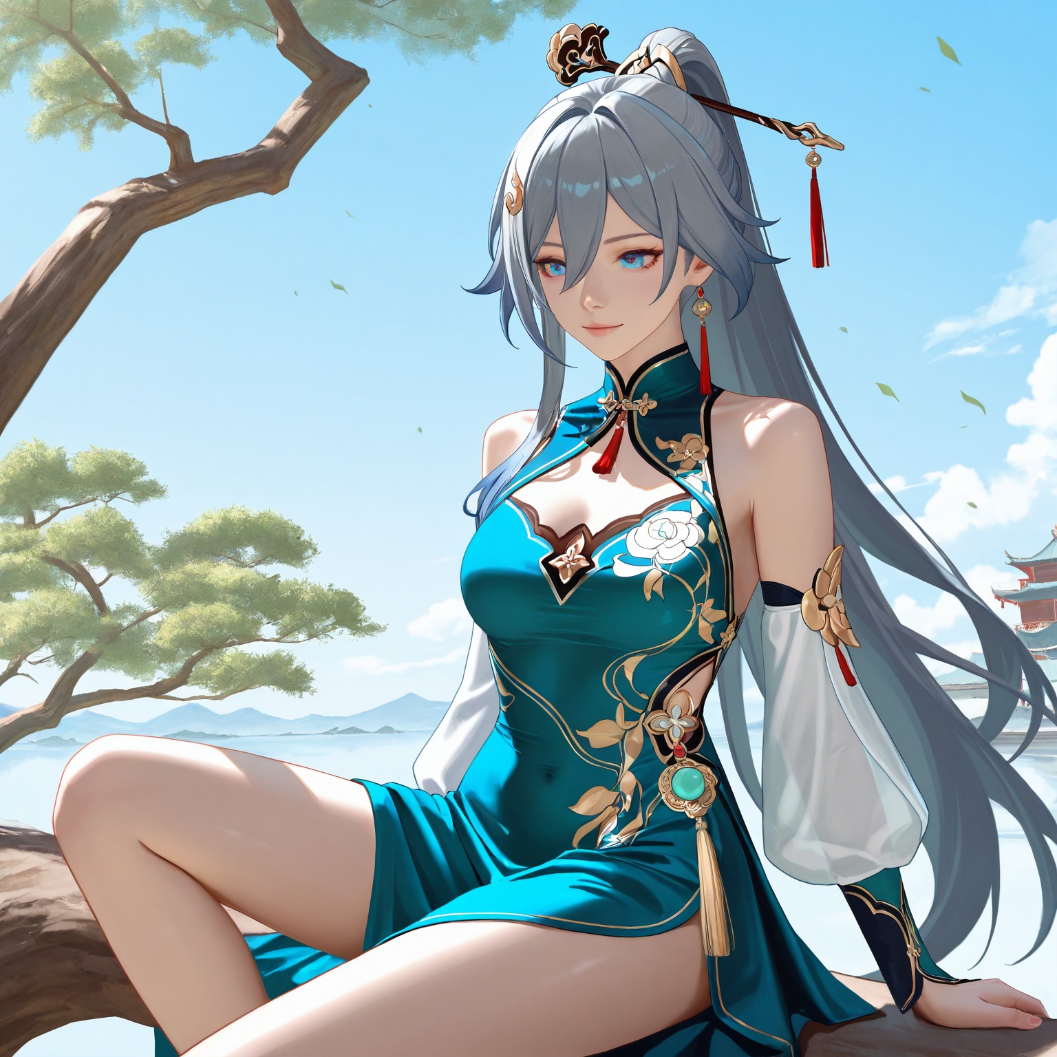 realistic,2.5D,photorealistic,1girl absurdres blue_eyes blue_sky china_dress chinese_clothes chinese_commentary cliff commentary_request detached_sleeves dress fu_hua fu_hua_(azure_empyrea) green_dress grey_hair hair_ornament hair_over_one_eye hair_stick high_ponytail highres honkai_(series) honkai_impact_3rd instrument karst liang_yu_ji_lai long_hair long_sleeves music partial_commentary playing_instrument ponytail sitting sky sleeveless sleeveless_dress solo tree very_long_hair white_dress zither