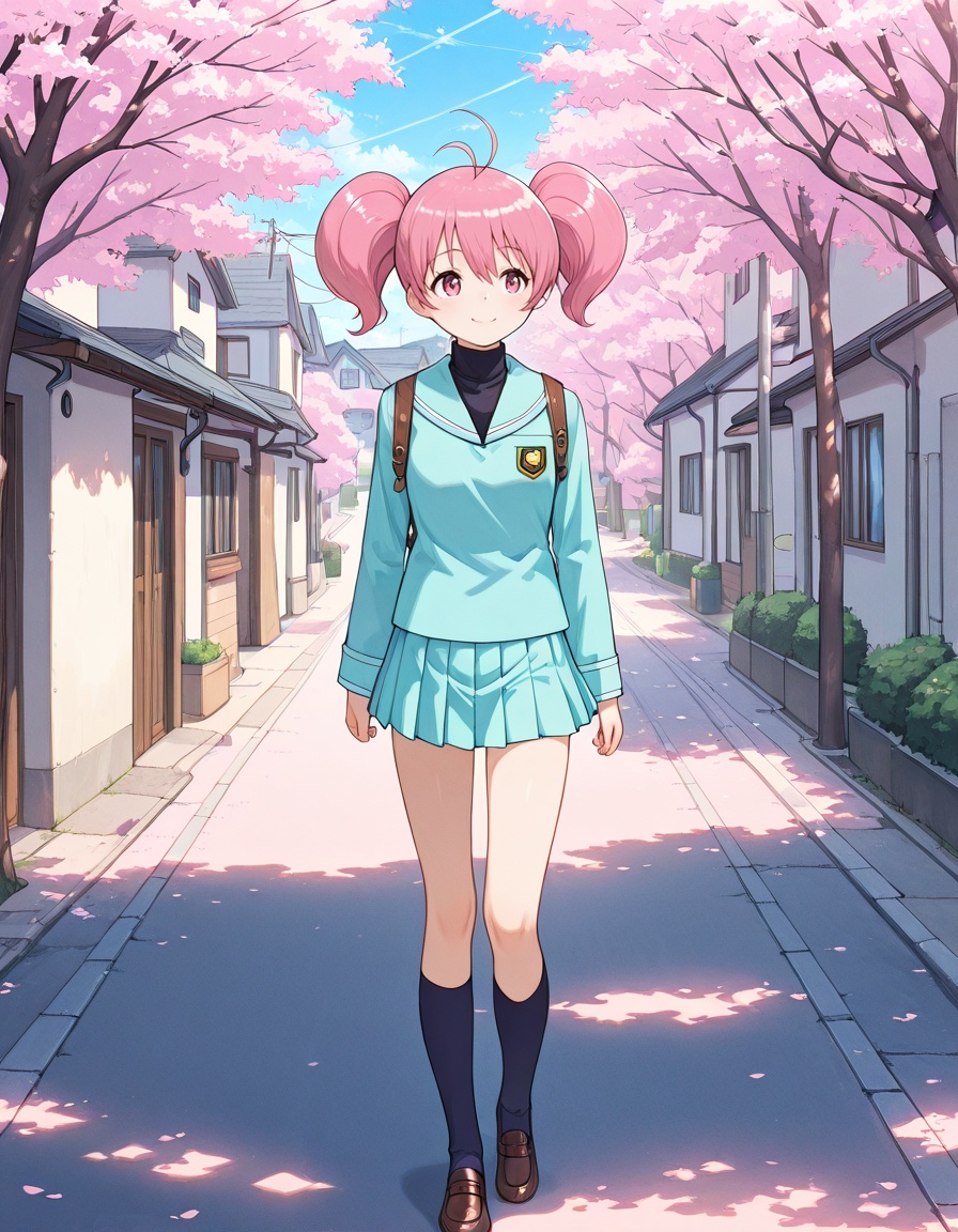 masterpiece, best quality, amazing quality, detailed background,1girl, looking forward, walking, backpack, residential street, morning sunlight, light breeze, blazer fluttering, gentle expression, quiet suburban neighborhood, everyday routine, smile, cherry blossoms, house,<lora:megumi_minami-tantei_gakuen_q_s1-v2-ixl-anime-soralz:1>, megumi minami (tantei gakuen q), short hair, twintails, antenna hair, pink hair, hair between eyes, pink eyes,school uniform, aqua serafuku, black turtleneck, aqua sailor collar, long sleeves, aqua pleated skirt, dark blue kneehighs, brown loafers, <lora:StS-Illustrious-Detail-Slider-v1.0:3>