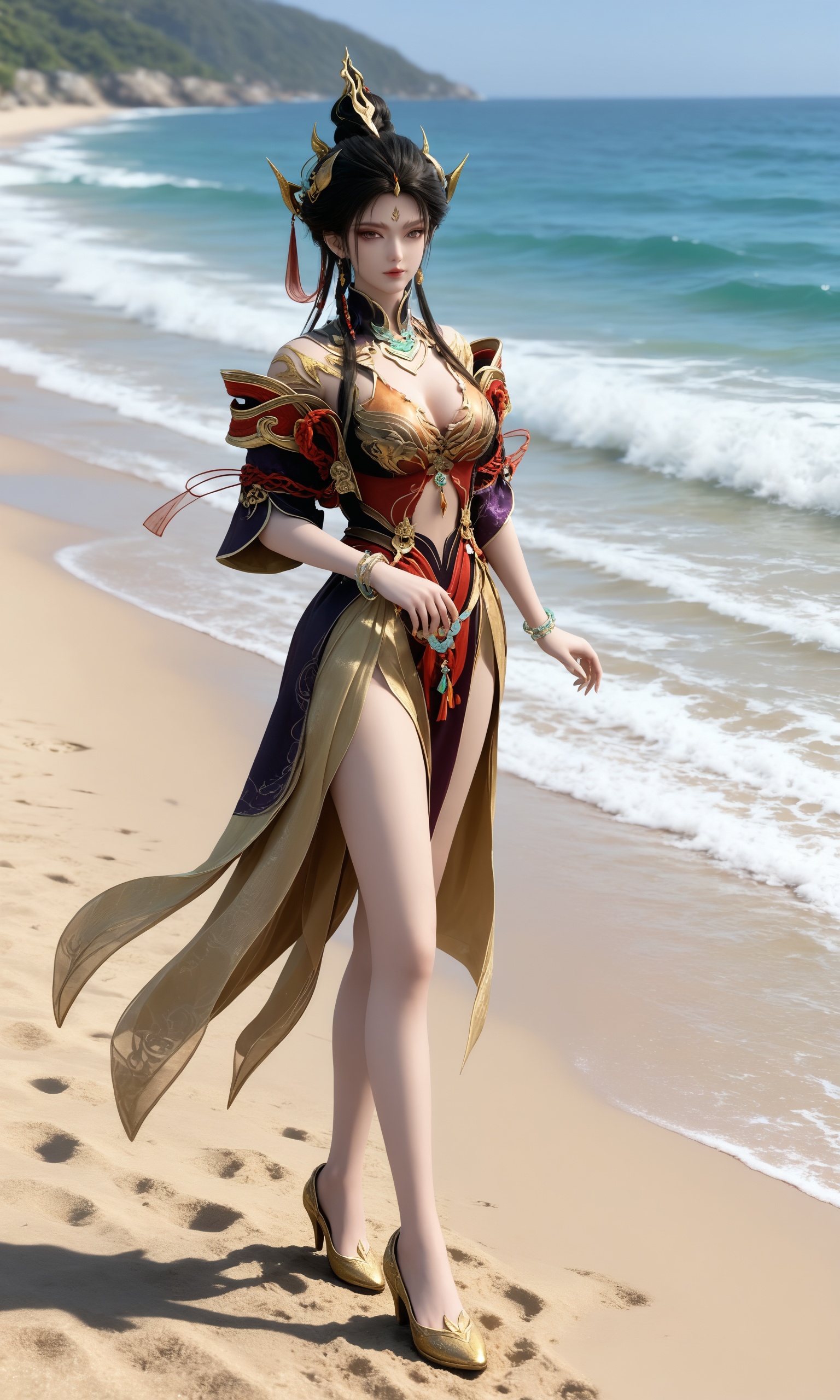 <lora:永劫无间-南宫锦-华锦Pony:0.8>,1girl,black hair,long hair,hair bun,hair bun,golden ornaments,braids,high collar,breasts,jewelry,gold,red,and purple dress,golden footwear,bare legs,clothing cutout,earrings,bracelet,chinese clothes,, standing,Seaside,beach,waves,full body,