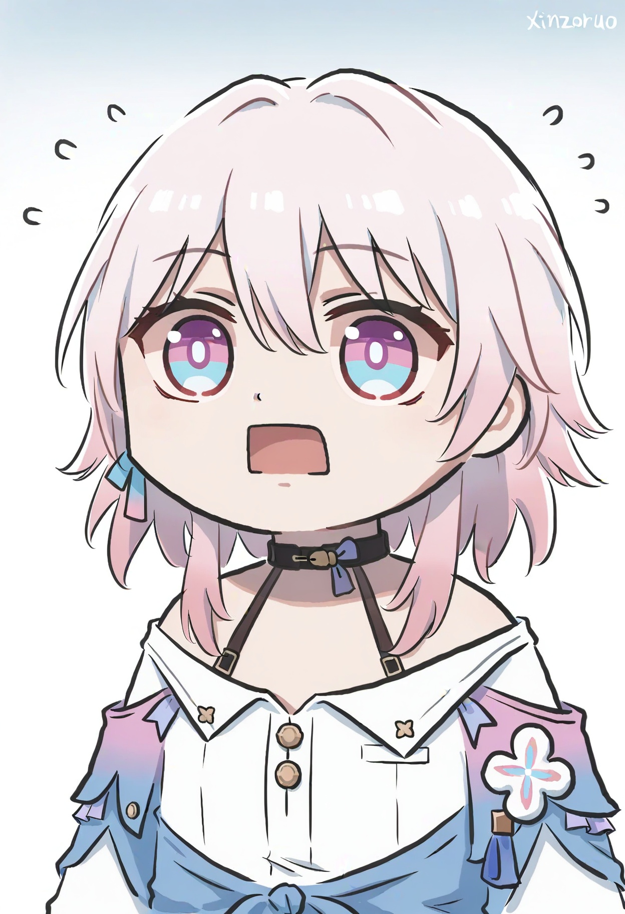 xinzoruo,lyy,honkai \(series\),honkai: star rail,march 7th \(honkai: star rail\),march 7th \(preservation\) \(honkai: star rail\),1girl,bare shoulders,black choker,blue eyes,bra strap,chibi,choker,long sleeves,multicolored eyes,off-shoulder shirt,off shoulder,open mouth,pink hair,purple eyes,shirt,short hair,solo,two-tone eyes,upper body,white shirt,