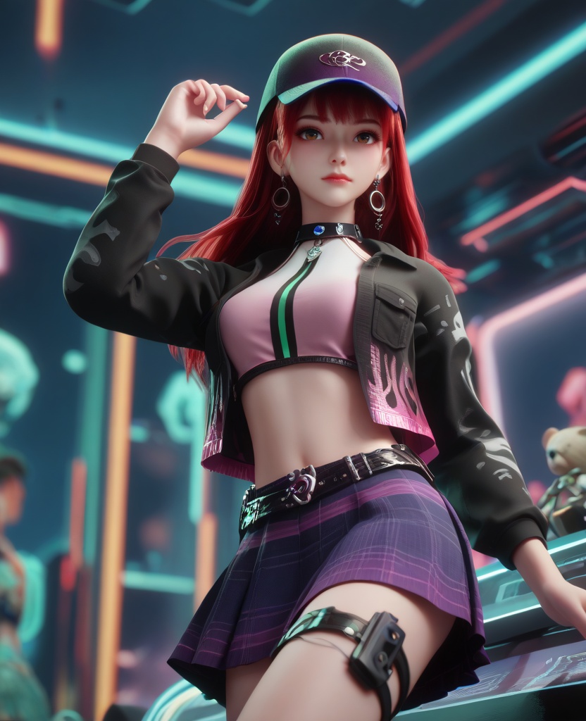 (oriental architecture, elegant decor, sophisticated style:1.1),(Balancing on one foot with arms extended to the side:1.1),(breasts:1.2),<lora:XL16克金玩家诸葛云落:0.95>,adolescent girl,camouflage cropped jacket,pink corset,brown eyes,red hair,long hair,atropurpureus baseball cap,hoop earrings,atropurpureus plaid miniskirt,choker,belt,thigh strap,white loose socks,stuffed bear brooch,vibrator in thigh strap,, score_9,score_8_up,score_7_up,score_6_up,score_5_up,score_4_up,3d rendering,tag1,tag2, Cinematic Lighting,backlighting,, zPDXL3, zPDXL2,zPDXL, zPDXLxxx, zPDXLrl,