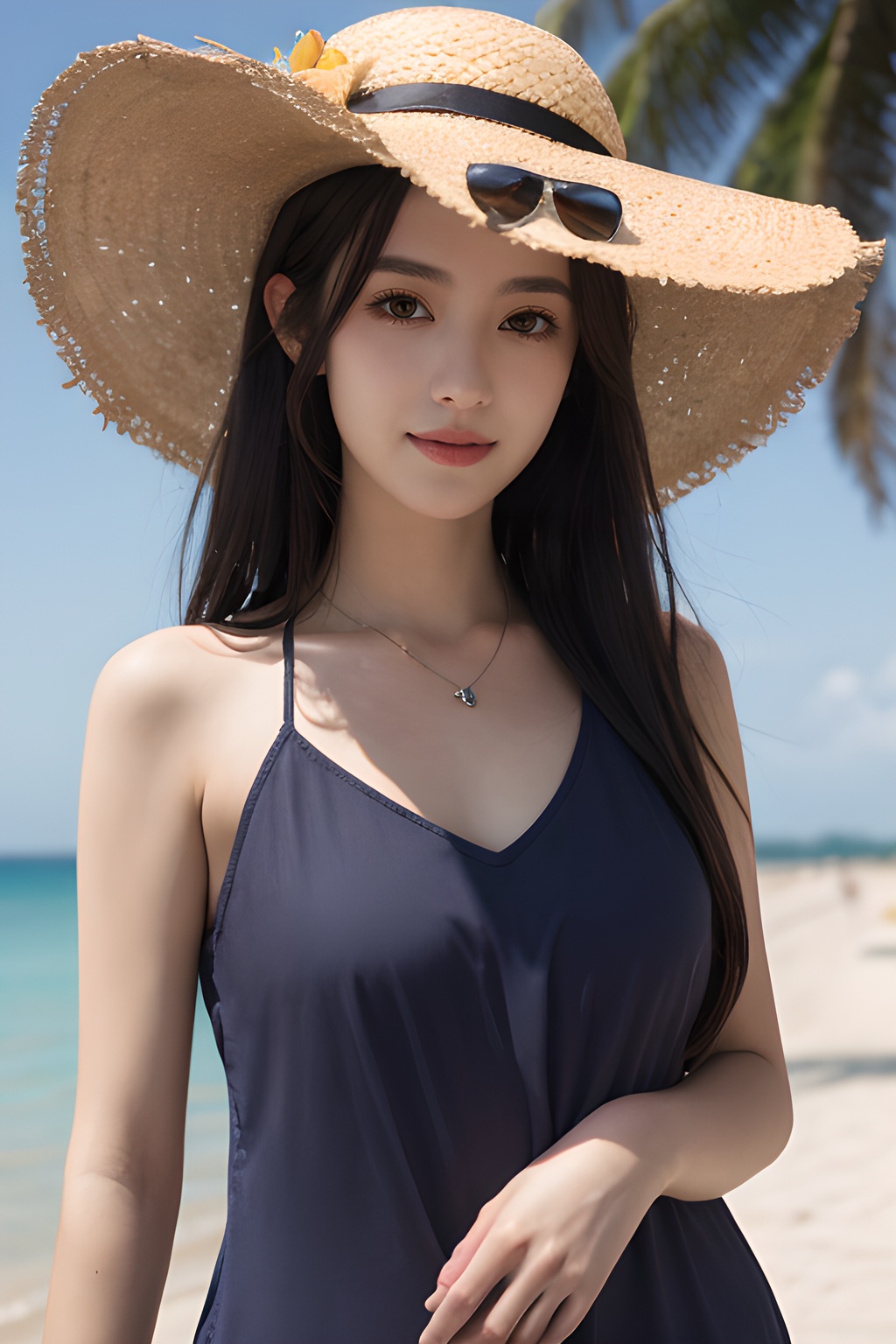 <lora:0817_03:0.4>,araffe girl with long hair wearing a purple dress, 1girl, solo, hat, straw hat, long hair, looking at viewer, necklace, jewelry, heart necklace, smile, heart, brown hair, bangs, day, beach, outdoors, upper body, black hair, sunlight, closed mouth, swimsuit, selfie, sky, ocean,, 1girl,realistic,masterpiece, best quality, photorealistic, HDR,detail