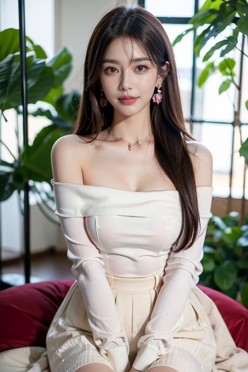 1girl,dress,flower,solo,brown hair,pink dress,sitting,rose,plant,(long hair:1.3),blurry,bare shoulders,pink flower,jewelry,pink rose,necklace,depth of field,off-shoulder dress,parted lips,off shoulder,breasts,looking at viewer,collarbone,lips,vines,strapless,princess,strapless dress,blurry foreground,full body,earrings,smile,
