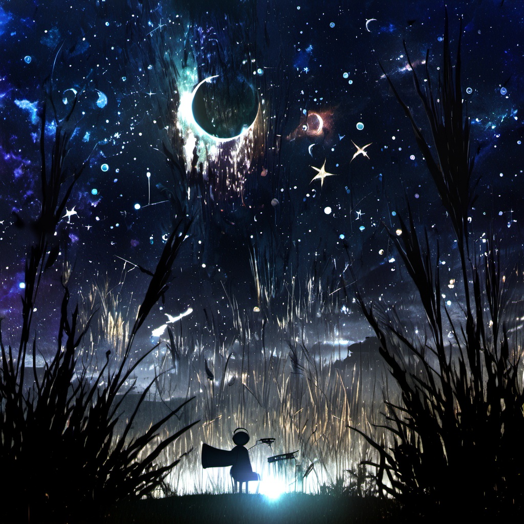 <lora:star_xl_v1:1>,The image showcases a breathtaking cosmic scene where a vast expanse of the universe is visible. The sky is filled with a myriad of stars, nebulae, and a crescent moon. A silhouette of a person stands in the foreground, gazing up at the celestial display. The person appears to be holding a small object, possibly a telescope or a camera, capturing the moment. The ground is covered with tall grasses, and the overall ambiance of the image is serene and awe-inspiring., cosmic scene, vast expanse of the universe, nebulae, crescent moon, silhouette of a person, telescope, camera, grasses, ambiance