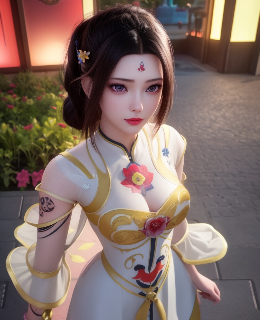 <lora:614-DA-炼气十万年-朴灵儿:0.8>(,1girl, ,best quality, ),looking at viewer,  ,,ultra detailed background,ultra detailed background,ultra realistic 8k cg,, ,masterpiece, (( , )),ultra realistic 8k cgSurrounded by strange, movie perspective, advertising style, Colorful background, splash of color A beautiful woman with delicate facial features,tattoo all over body, flower arms,from above,