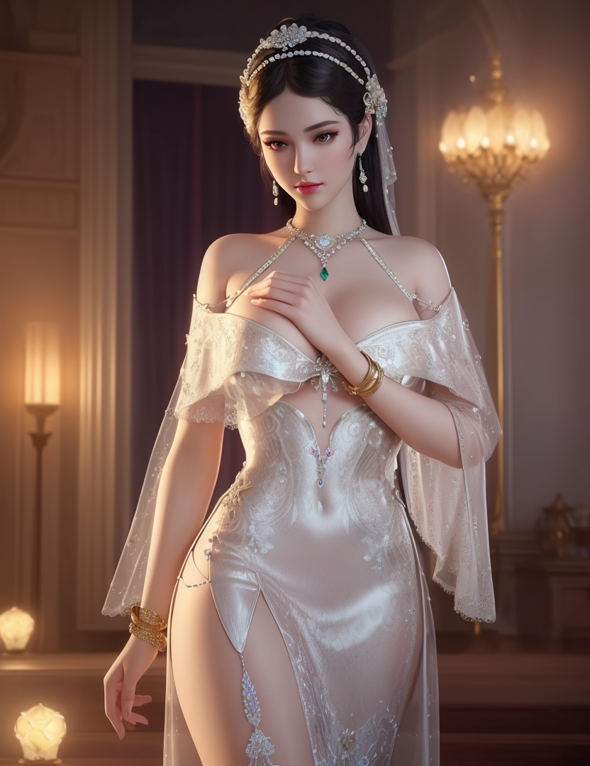 ultra realistic 8k cg, picture-perfect face, flawless, clean, masterpiece, professional artwork, famous artwork, cinematic lighting, cinematic bloom, perfect face, beautiful face, fantasy, dreamlike, unreal, science fiction,  beautiful clothes, lace, lace trim, lace-trimmed legwear,  (rich:1.4), prestige, luxury, jewelry, diamond, gold, pearl, gem, sapphire, ruby, emerald, intricate detail, delicate pattern, charming, alluring, seductive, erotic, enchanting, hair ornament, necklace, earrings, bracelet, armlet,halo((,1girl, pov,))(((,  1girl,  solo,looking at viewer, ))),(((1girl, solo, dress, jewelry,large breasts, )))<lora:DA_WhiteSnakeGreenSnake:0.7>