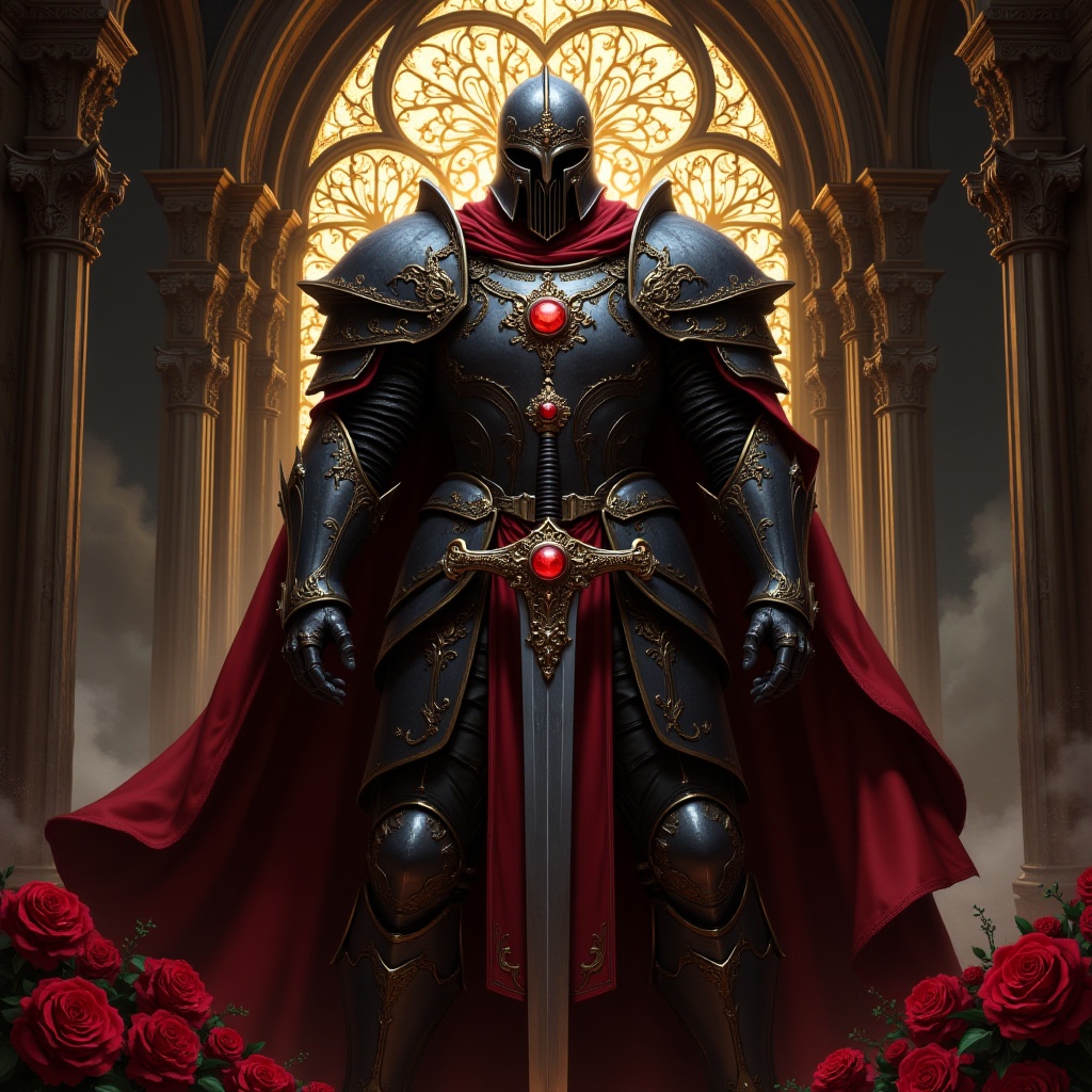 This is a digital drawing in a dark,  gothic style,  depicting a formidable warrior standing in a grand on Tensor.Art