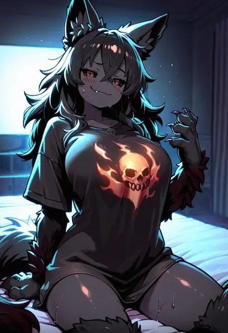 1girl, 20yo, hellhoundmge, monster girl, animal hands, wolf ears, animal ear fluff, wolf tail, colored sclera, black sclera, colored skin, black skin, claws, fang, black fur, arm fur, leg fur, multicolored fur, gradient fur, fewer digits, long hair, black hair, messy hair, hair between eyes, red eyes, large breasts, black shirt, oversized shirt,blush, sweat, evil smile, smug, pinup,bed, bedroom, night, watching television, looking at viewer,   detailed background,masterpiece, absurdres, best quality, ultra-detailed, newest, best quality, amazing quality, very aesthetic, <lora:StS-Illustrious-Detail-Slider-v1.0:3>  <lora:illustrious_quality_modifiers_masterpieces_v1:0.5> <lora:hellhoundmge-000009:1>