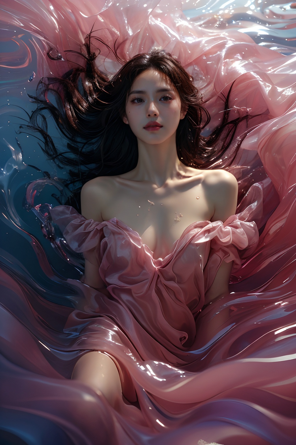 sd mai, piao, 1girl, solo, breasts, long hair, realistic, brown hair, pink dress, dress, looking at viewer, parted lips, water, bare shoulders, medium breasts, lips, mole, collarbone, partially submerged<lora:piao:0.8>