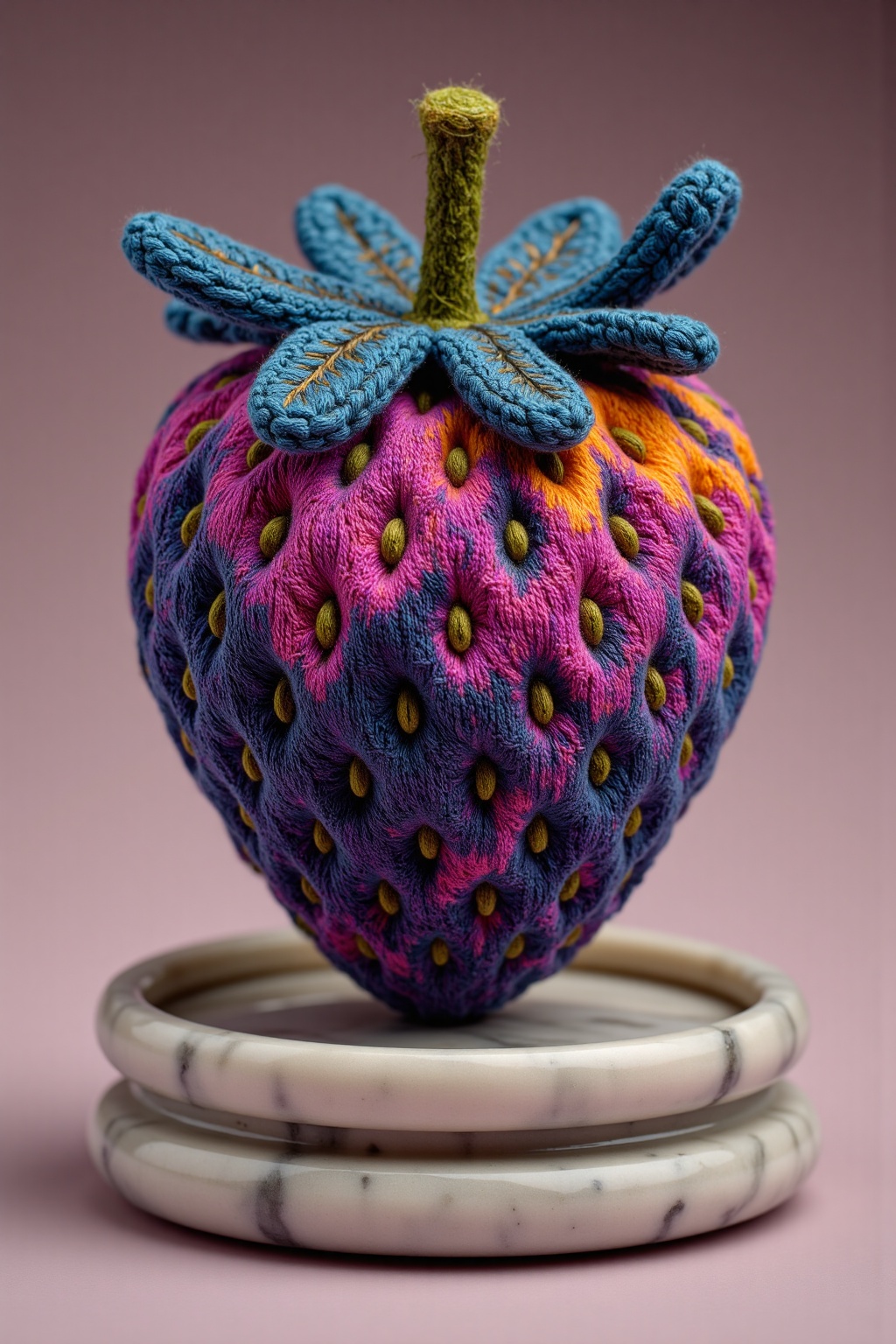 beijihui,Captured in a close-up,eye-level perspective,a crocheted strawberry is adorned with a vibrant vibrant purple hue,adorned with yellow dots. The strawberry is encased in a white ring,adding a pop of color to the otherwise monochromatic composition. The stem of the strawberry is made of a blend of green and yellow yarn,adding depth and texture to the composition. Adjacent to the strawberry,a small stem of a green stem can be seen. The backdrop,a soft pink hue,adds a touch of depth to the image.,