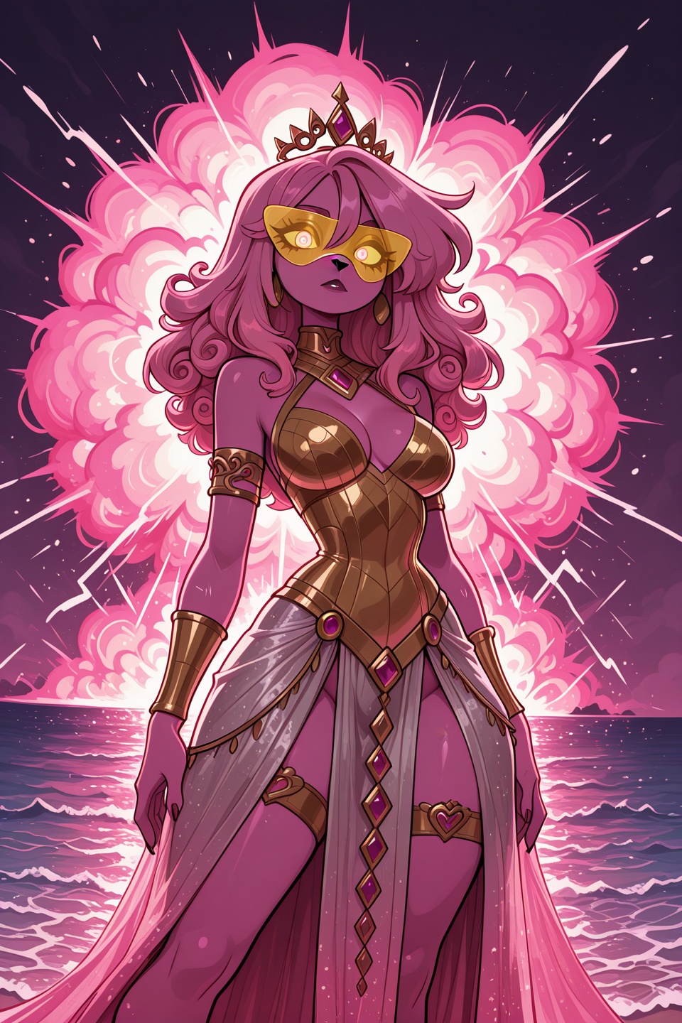 gothcartoonStyle,  The screen comes alive with a vibrant explosion as a woman with long,  curly hair in shades of yellow a...
