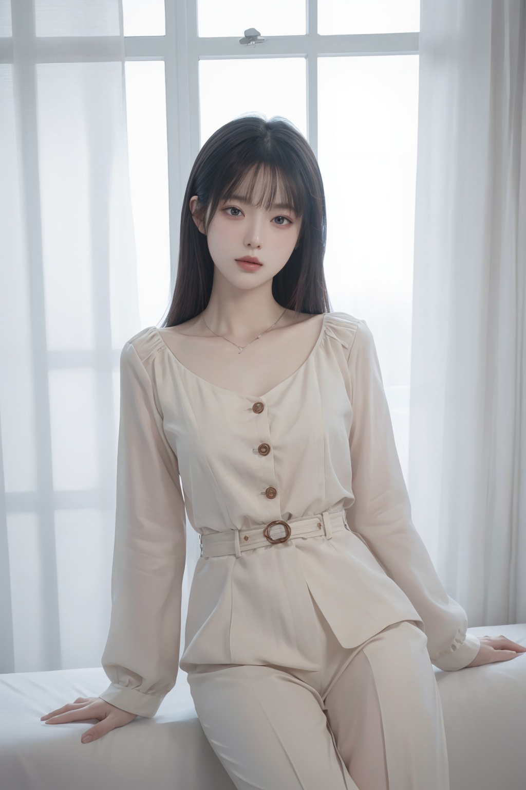 1girl, asian, black hair, buttons, curtains, indoors, lips, long sleeves, looking at viewer, pants, realistic, sitting, smile, solo <lora:清漪:0.66>