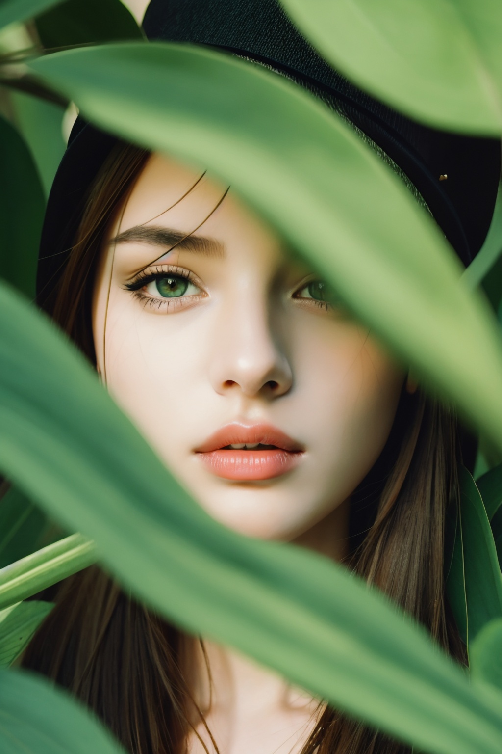 1girl, Camera film style, a close-up of a young woman's face, with a prominent focus on her eyes and lips. She wears a hat, and there's a subtle green background, possibly a plant or leaf. The lighting is soft, casting gentle shadows on her face, masterpiece,best quality,