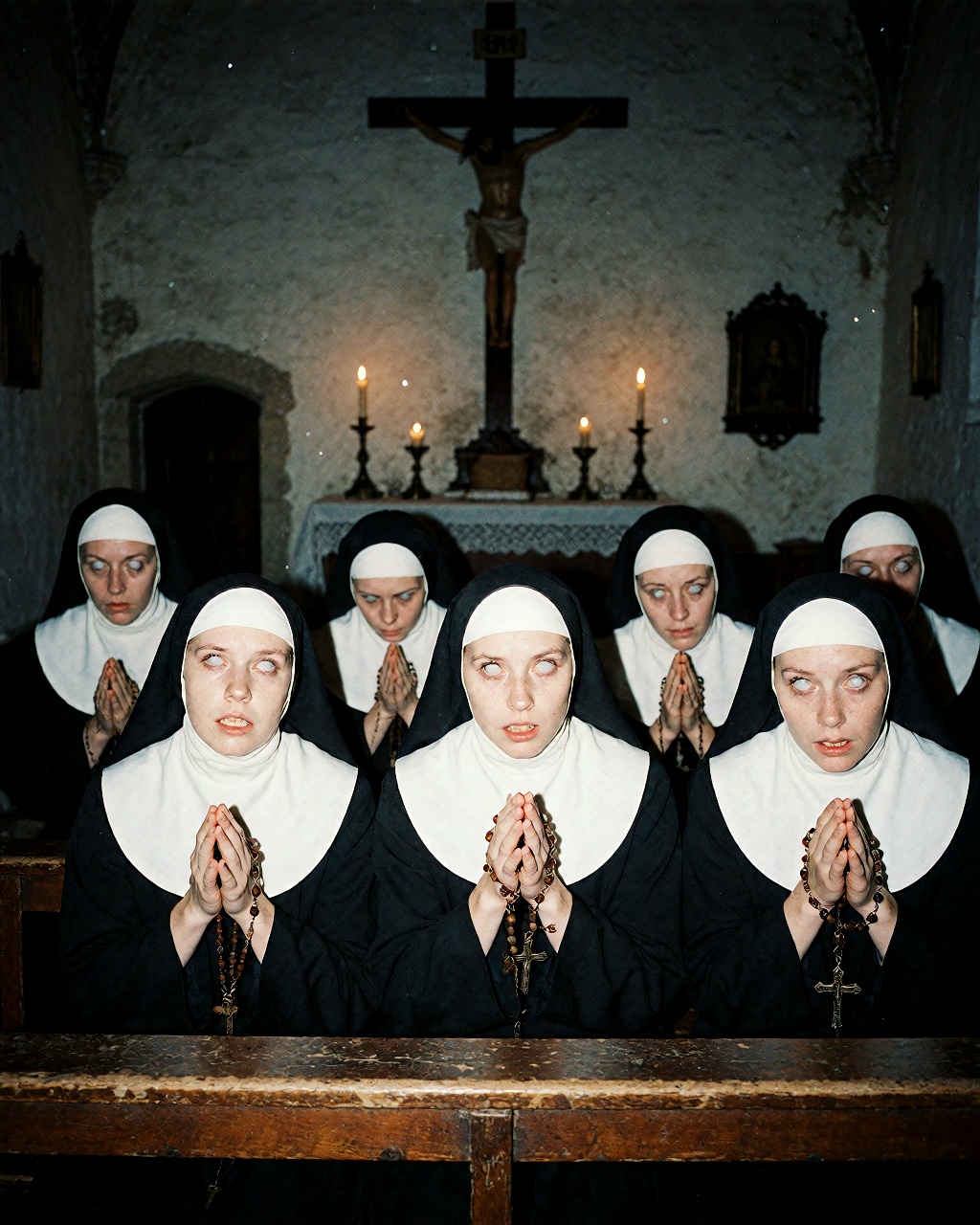 A raw,  unsettling documentary-style photograph captured with a powerful,  direct camera flash on Tensor.Art
