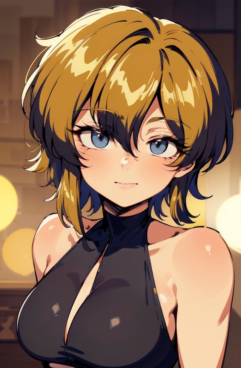 ultra highres,masterpiece,best quality,1girl,solo,short hair,blue eyes,orange hair,lipstick,black dress,upper body,bokeh,depth of field,black dress,bare shoulders,1990s \(style\),retro artstyle,