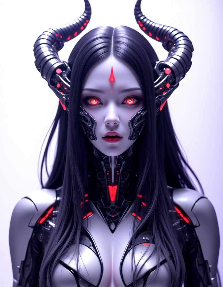 A highly detailed CGI image of a futuristic, cybernetic humanoid with a pale, androgynous face, sharp horns, and glowing red eyes. The character has long, flowing black hair and wears a high-tech, mechanical mask with intricate, metallic components. The background is a gradient of white to light purple. The character's attire is a futuristic, black and white outfit with red accents.  Cyberpunk Light Effects