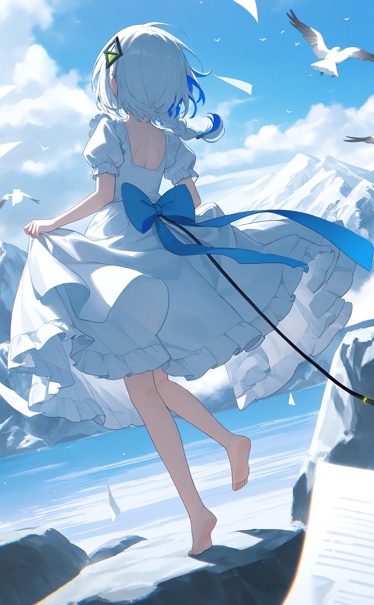 masterpiece,highres,absurdres,newest,best quality,high quality,loli,petite,chromatic_aberration,//,1girl,dress,solo,white_dress,barefoot,short_sleeves,white_hair,skirt_hold,paper,cable,sky,puffy_sleeves,from_behind,outdoors,full_body,puffy_short_sleeves,braid,standing_on_one_leg,facing_away,blue_sky,day,soles,cloud,standing,medium_hair,flying_paper,floating_hair,hair_over_shoulder,mountainous_horizon,feet,leg_up,triangle,toes,side_braid,rock,long_hair,frilled_dress,foot_up,medium_dress,heel_up,tail,mountain,single_braid,diamond_hair_ornament,frills,floating,bird,back_bow,blue_hair,short_hair,colored_inner_hair,hair_ornament,multicolored_hair,alternate_costume,back,looking_ahead,low_ponytail,cloudy_sky,//,<lora:konya_karasue3——【noob】hans:0.7>,