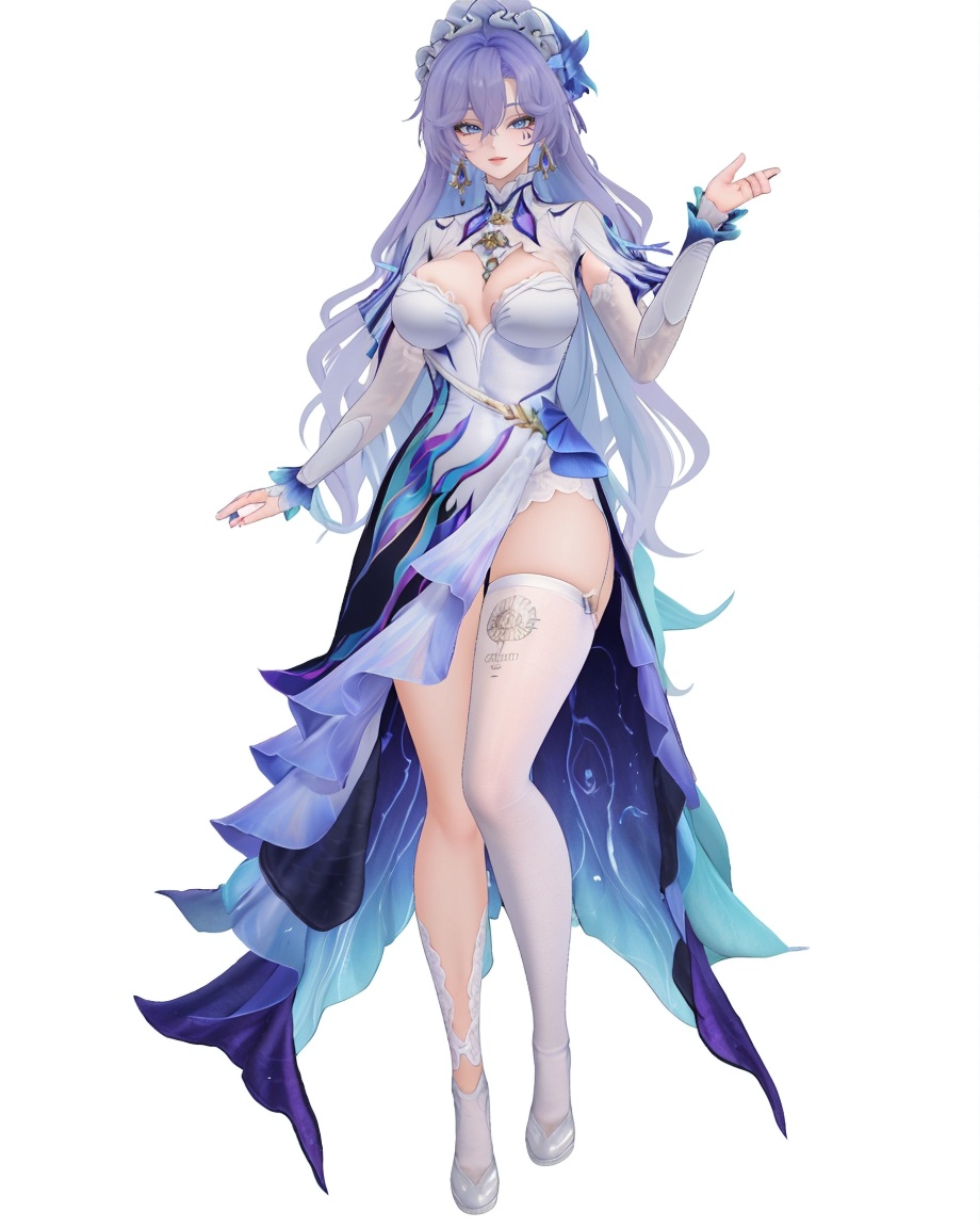 8k,best quality,masterpiece,(ultra-detailed),(high detailed skin),(by nanoless, by misumi \(macaroni\),:0.5),A full-body portrait of a young girl,standing gracefully,pastel art style,high-key lighting,shoujo manga influence,hd quality,delicate details,full body,full shot,standing,looking at viewer,(solo:1.2),simple background,white background,<lora:Cantarella-sd-Tanger:0.8>,Cantarella \(wuthering waves\),clothes: Cantarella def white dress,teardrop facial mark,1girl,breasts,long hair,purple hair,single thighhigh,earrings,cleavage,jewelry,white footwear,bangs,