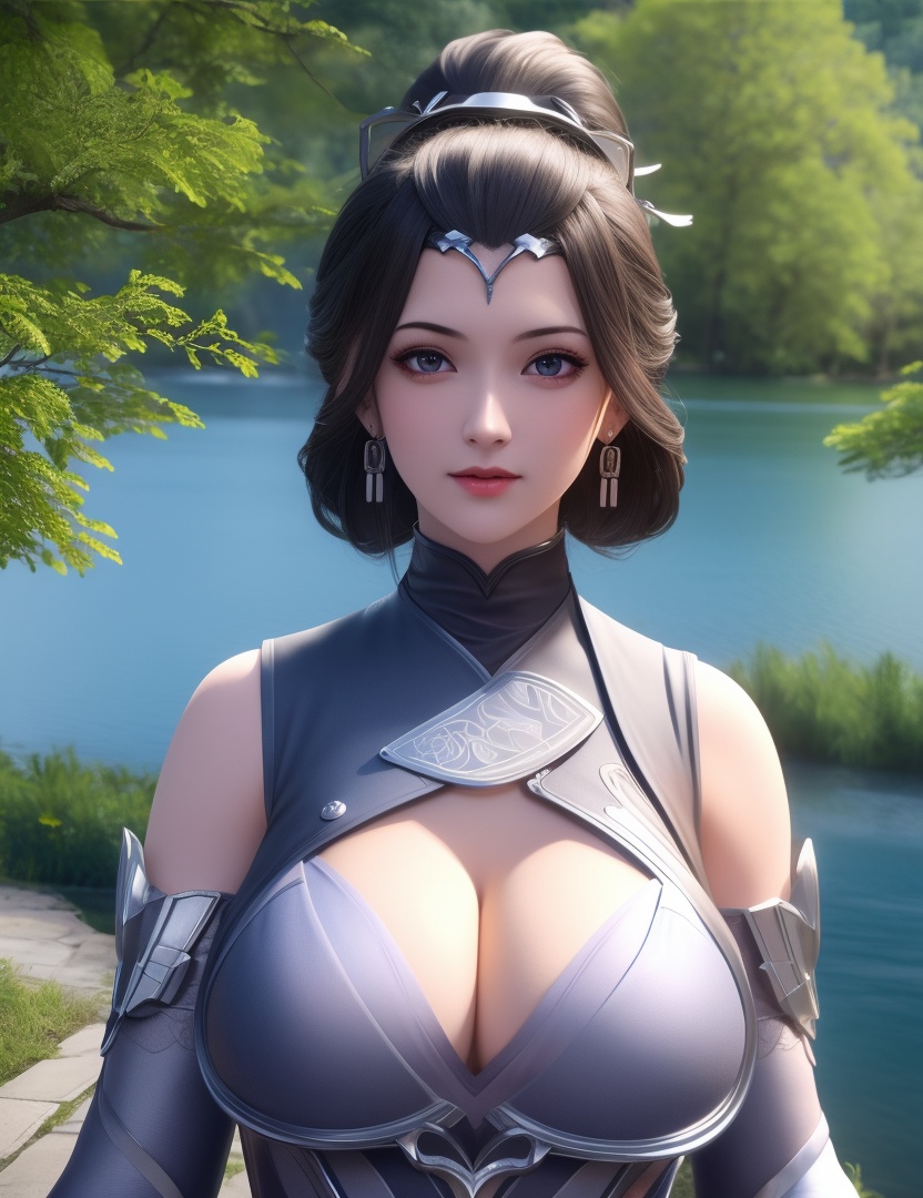 <lora:529-DA-诛仙-幽姨:0.8>(,1girl, ,best quality, ),looking at viewer,  ,ultra detailed 8k cg, ultra detailed background,  ,masterpiece, (( , )) , lake,upper body,   (cleavage), (),