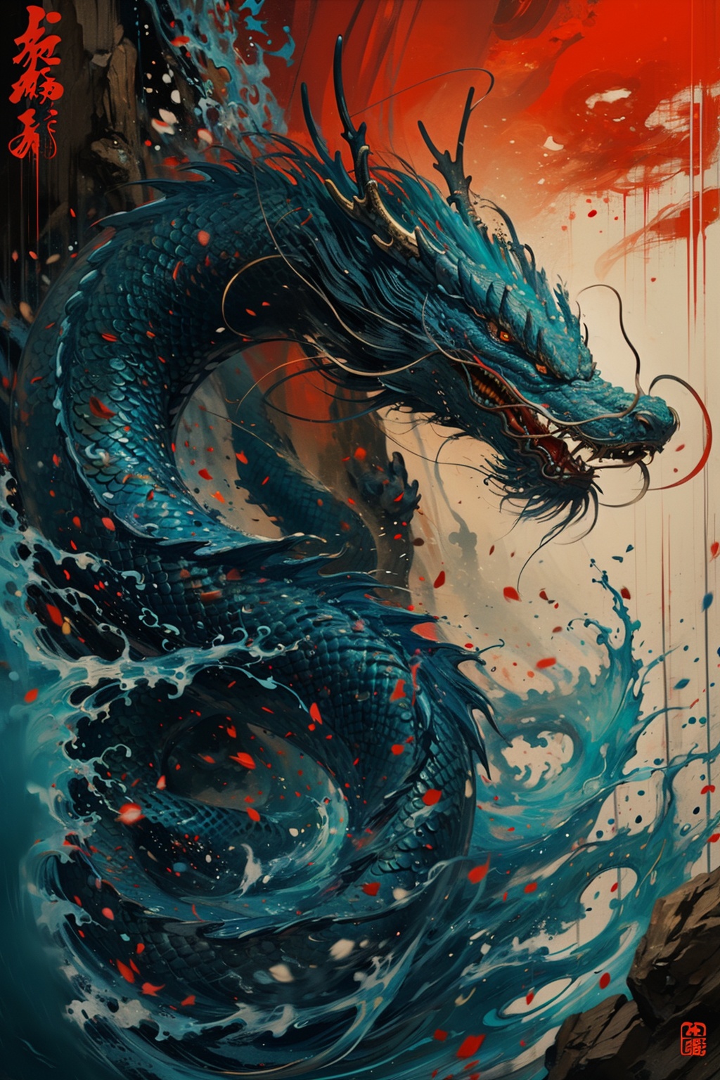 sdmai, guofenglong, dragon, eastern dragon, no humans, scales, red eyes, horns <lora:国风龙sdmai,guofenglong:1>