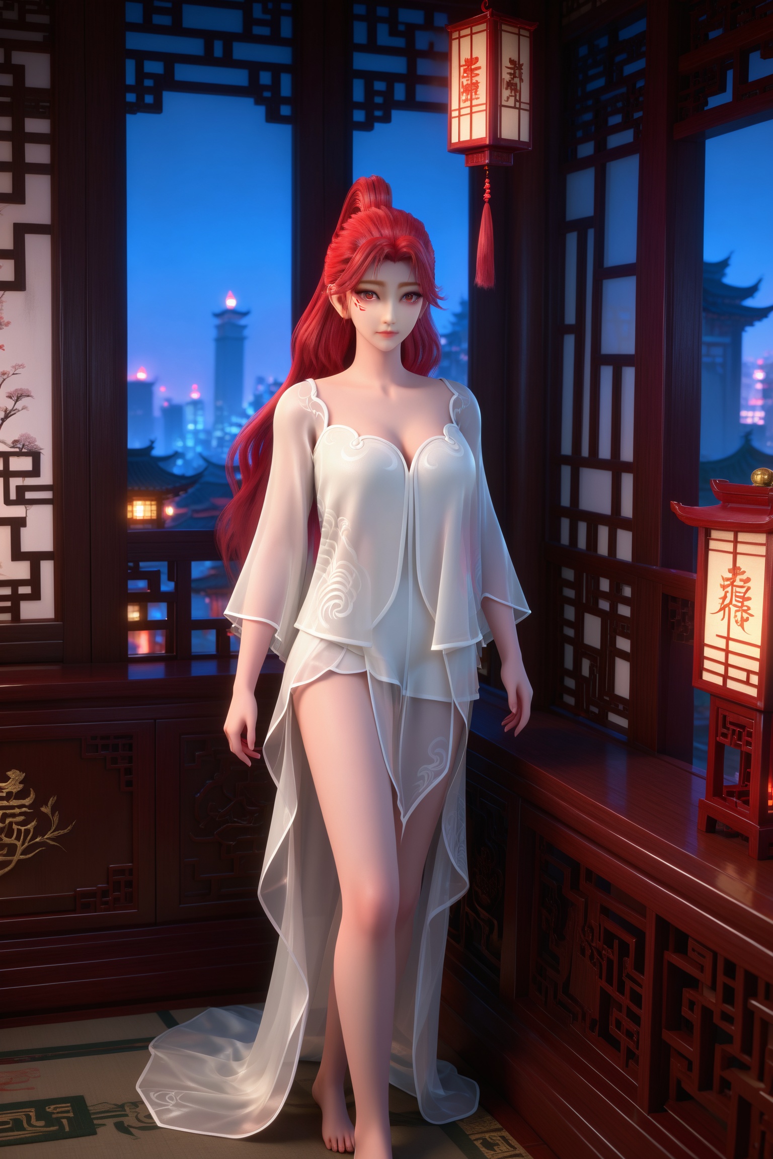 <lora:百炼成神3-火允儿-浴袍Pony:0.8>,1girl,red hair,long hair,ponytail,red eyes,facial mark,white dress,see-through,cleavage,long sleeves,bare legs,1girl,solo,standing,window,frills,indoors,cityscape,closed_mouth,looking at viewer,chinese architecture,lantern